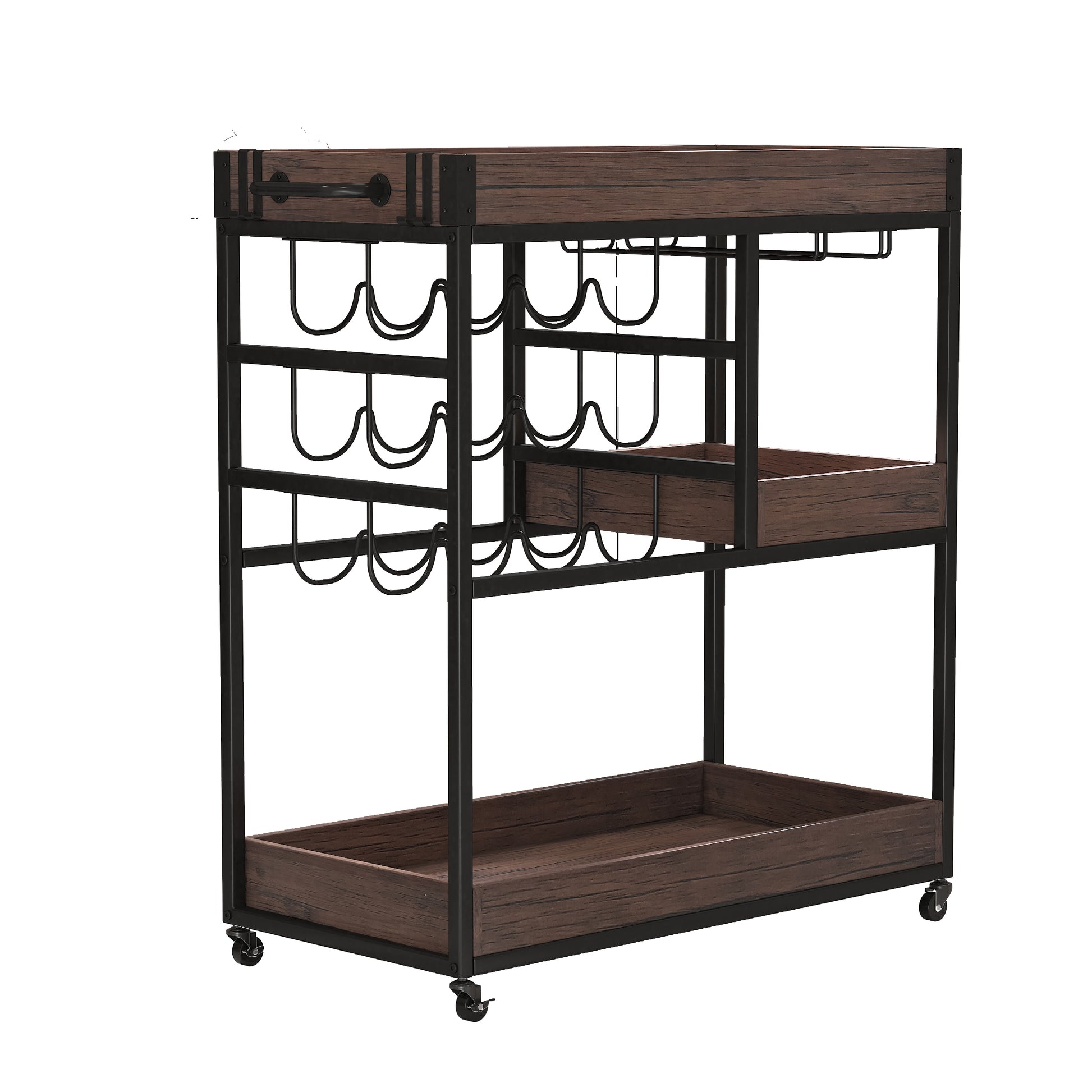 3 Tier Industrial Rolling Serving Cart With Lockable Wheels, Wine Rack Cart With Glass Holder For Indoor And Outdoor, Beverage Trolley Cart With 2 Removable Tray Antique Brown Brown Kitchen