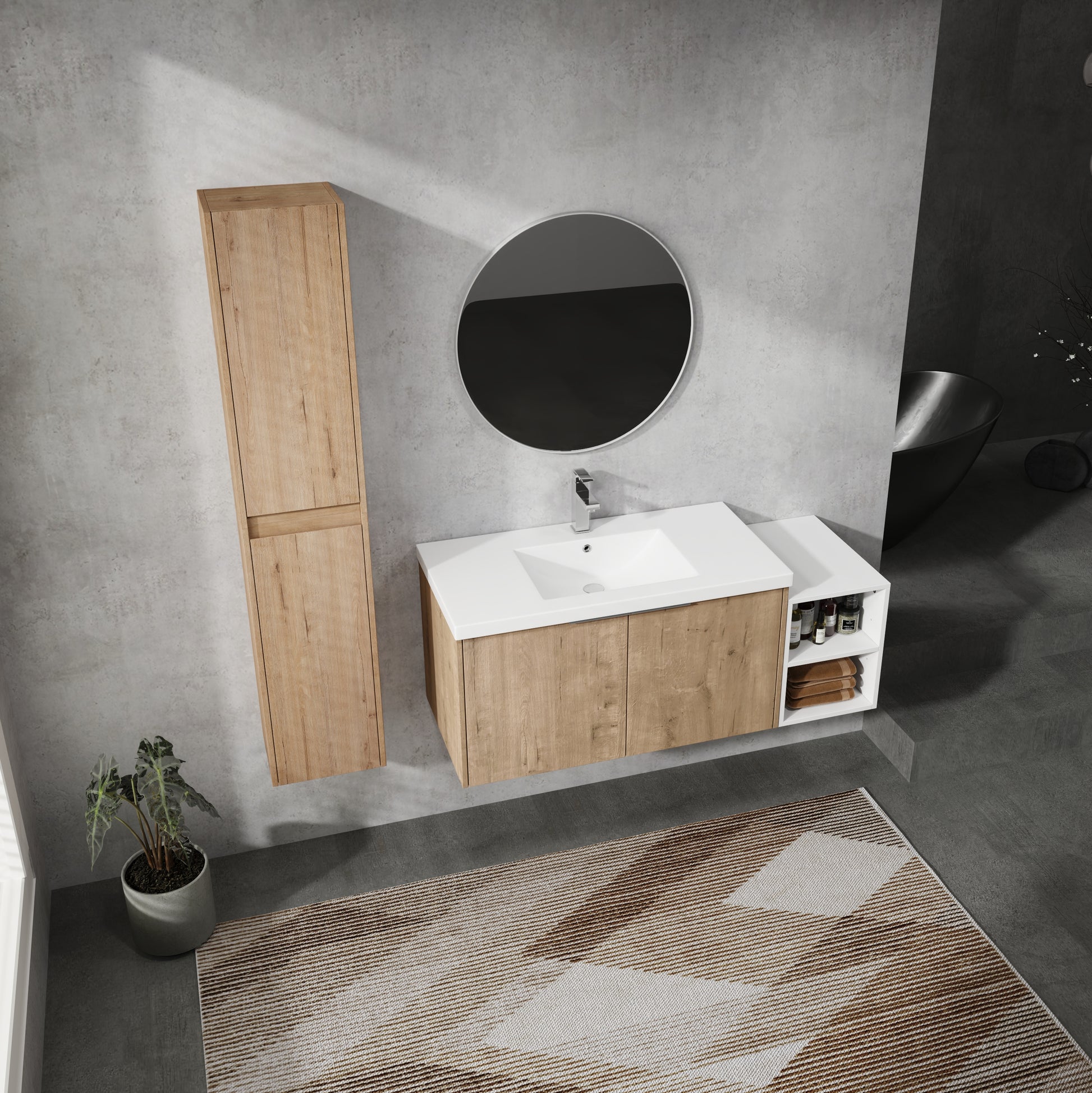 48" Wall Mounted Bathroom Vanity With Sink And Side Cabinet, Soft Close Doors,00112Imox2 0636Imo 0612Gwh Combination Cabinet Kd Packing Imitative Oak Bathroom Modern Plywood Plywood