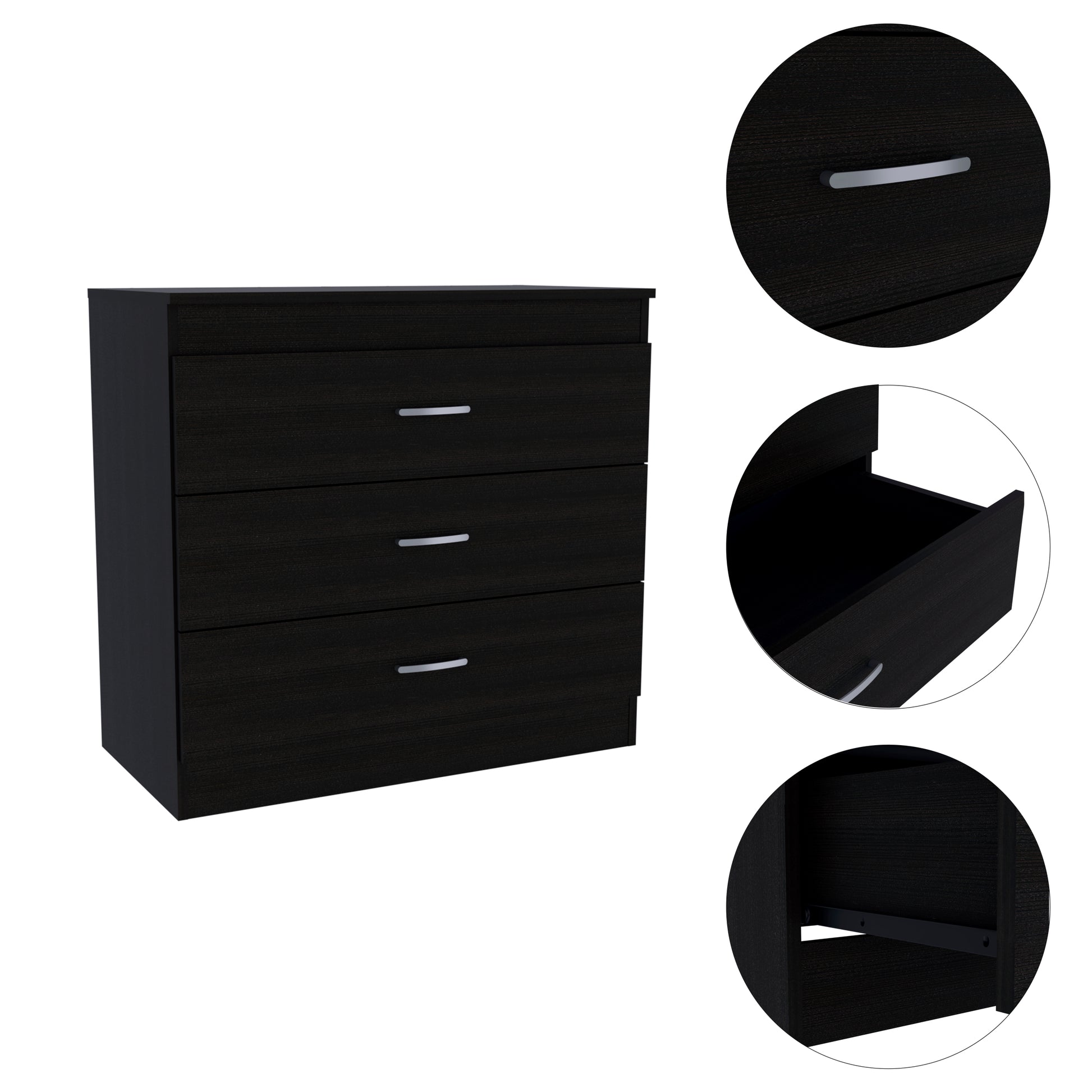 Cambridge Three Drawers Dresser Black Bedroom Modern Pine Melamine Engineered Wood