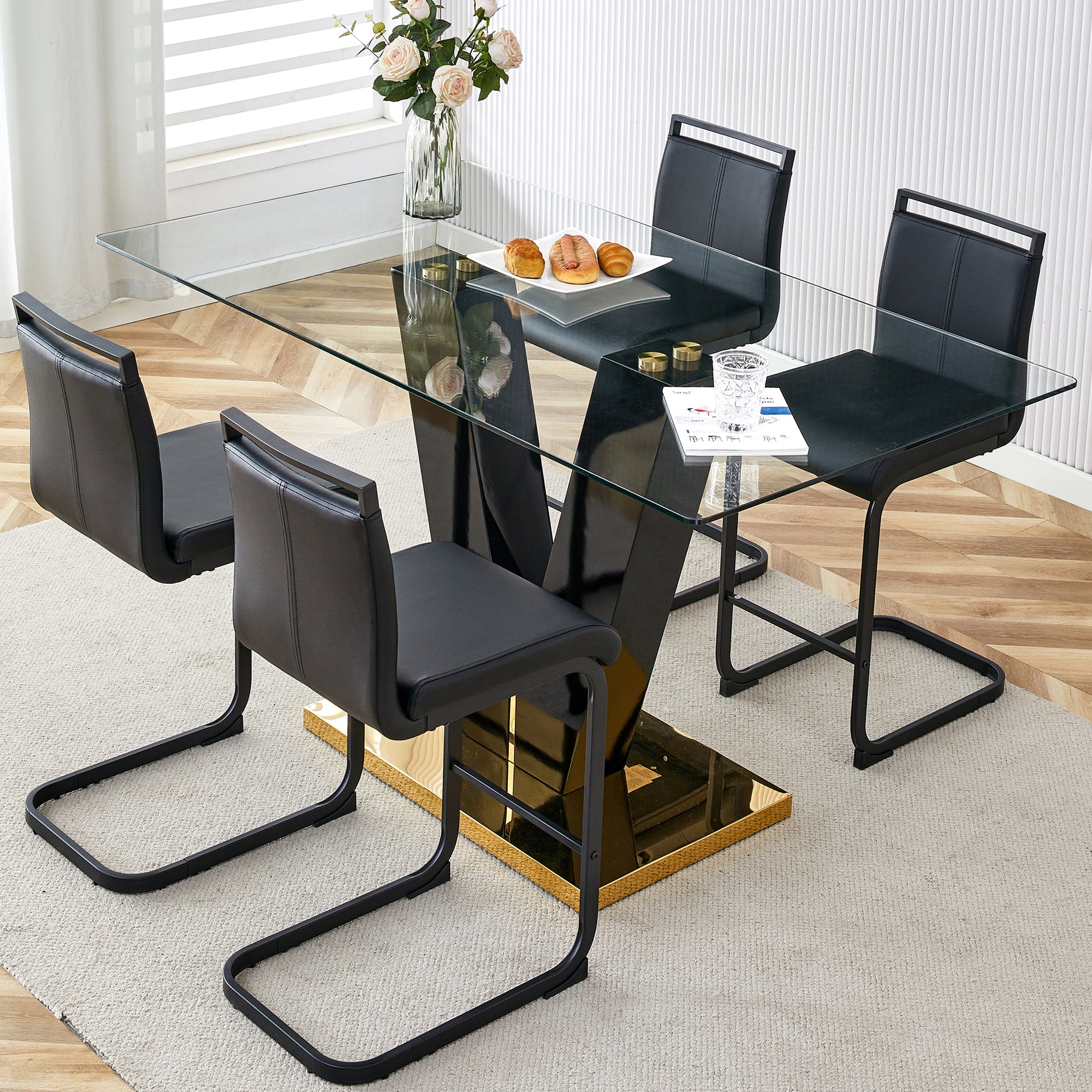 Table And Chair Set. A Rectangular Glass Dining Table With A 0.4 Inch Tempered Glass Tabletop And Mdf Board V Shaped Bracket, Paired With Chairs Consisting Of Pu Seat Cushions And Black Metal Legs. Black Seats 4 Tempered Glass