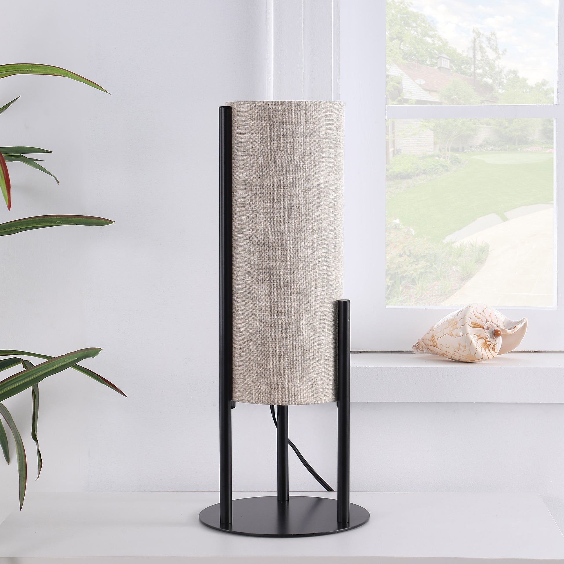 22" H Modern Upright Beige Linen Drum Black Metal Table Lamp For Living Room, Nightstand Bedside Table Lamp For Bedroom, Led Lamp Beige Black Metal