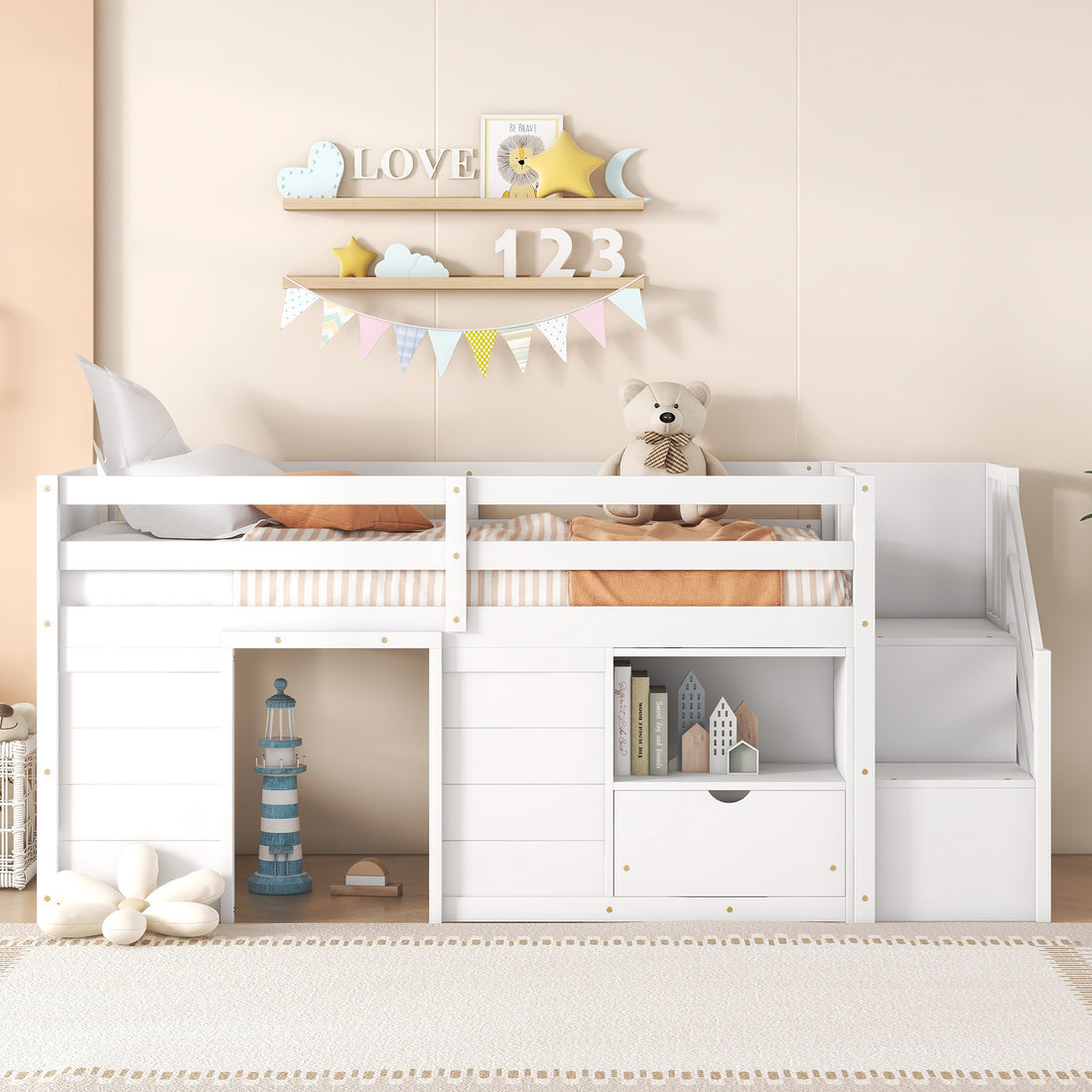 Twin Bed, Solid Wood Twin Size Low Loft Bed With Stair, Drawer, And Shelf Of White Color Twin White Pine