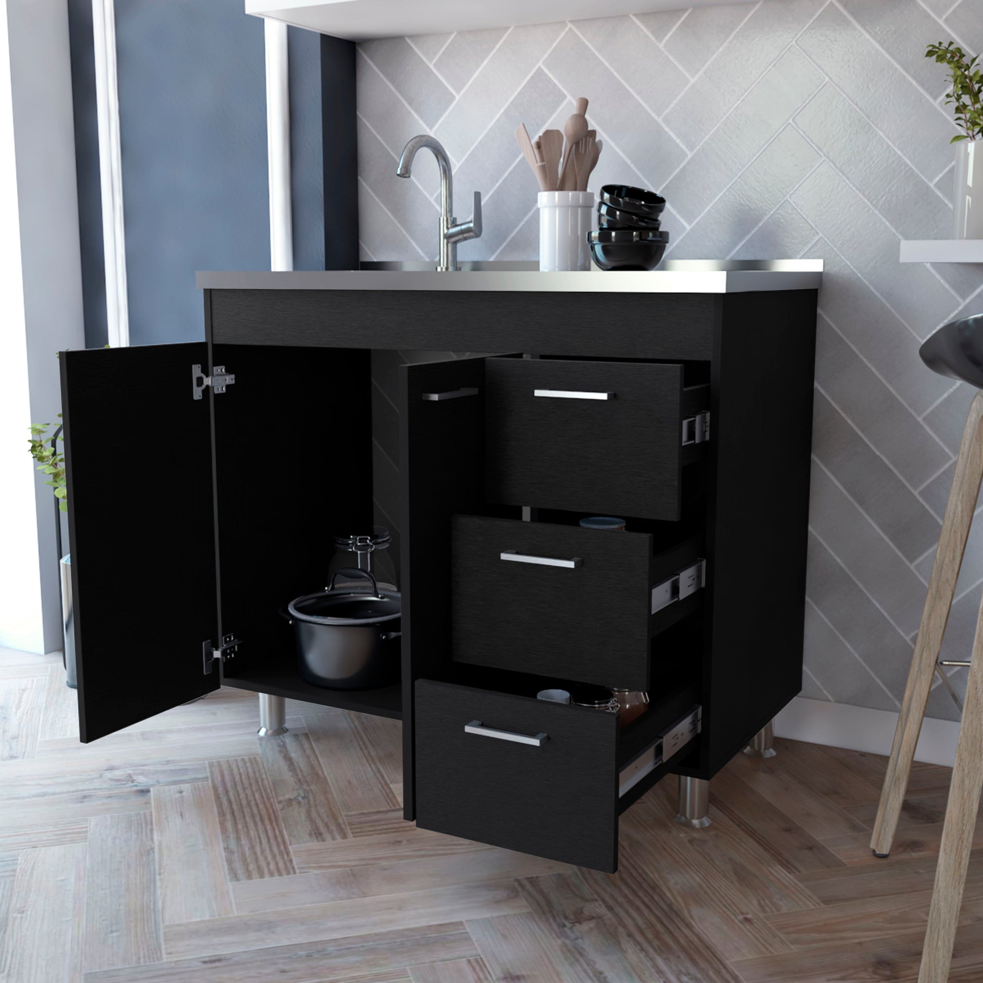 Darien Melamine Base Cabinet, Three Drawers And Stainless Steel Top. Black Kitchen Contemporary Pine Particle Board Melamine