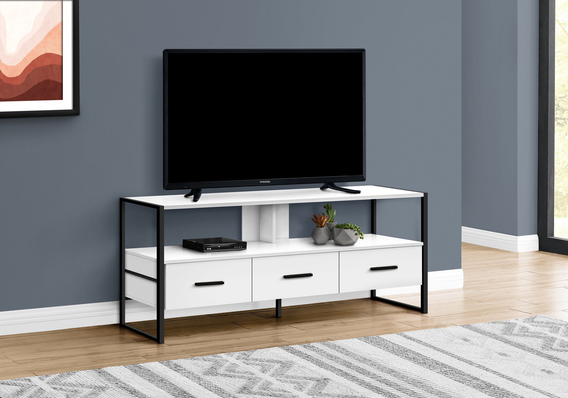 Tv Stand, 48 Inch, Console, Media Entertainment Center, Storage Drawers, Living Room, Bedroom, White Laminate, Black Metal, Contemporary, Modern White 80 89 Inches Particle Board