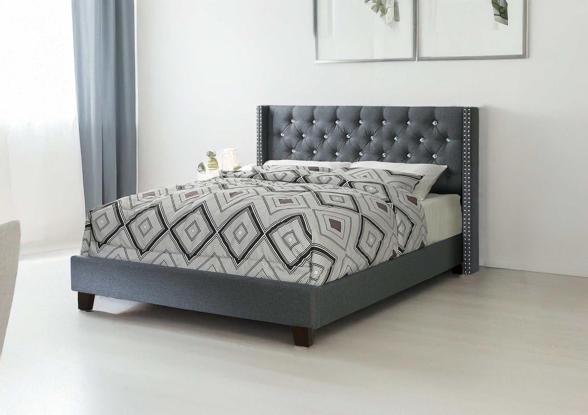 Queen Bed In Blue Gray Box Spring Not Required Queen Gray Fabric