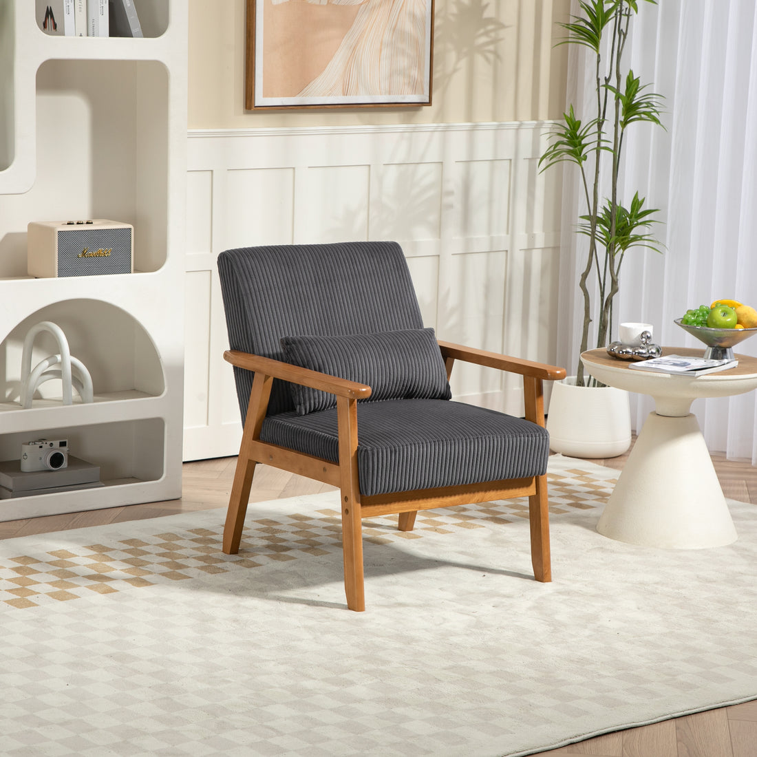 Leisure Chair With Solid Wood Armrest And Feet, Leisure Chair, Wood Frame, Velvet, L, Solid Rubber Wood Legs, Mid Century Modern Accent Chair, For Living Room Bedroom Studio Chair Dark Gray Corduroy