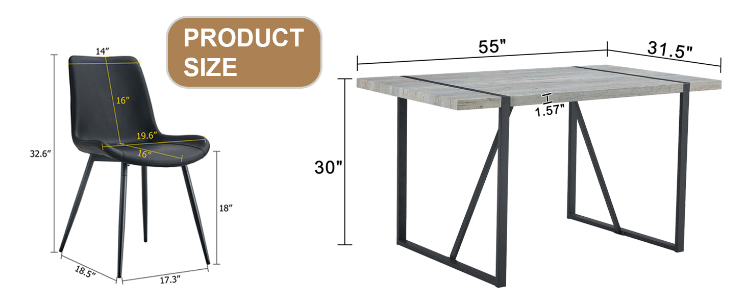 Table And Chair Set. Modern Minimalist Grey Marble Textured Mdf Dining Table With Metal Frame. Comes With Chairs With 6 Pu Cushions And Black Metal Legs. Black Seats 6 Mdf Metal