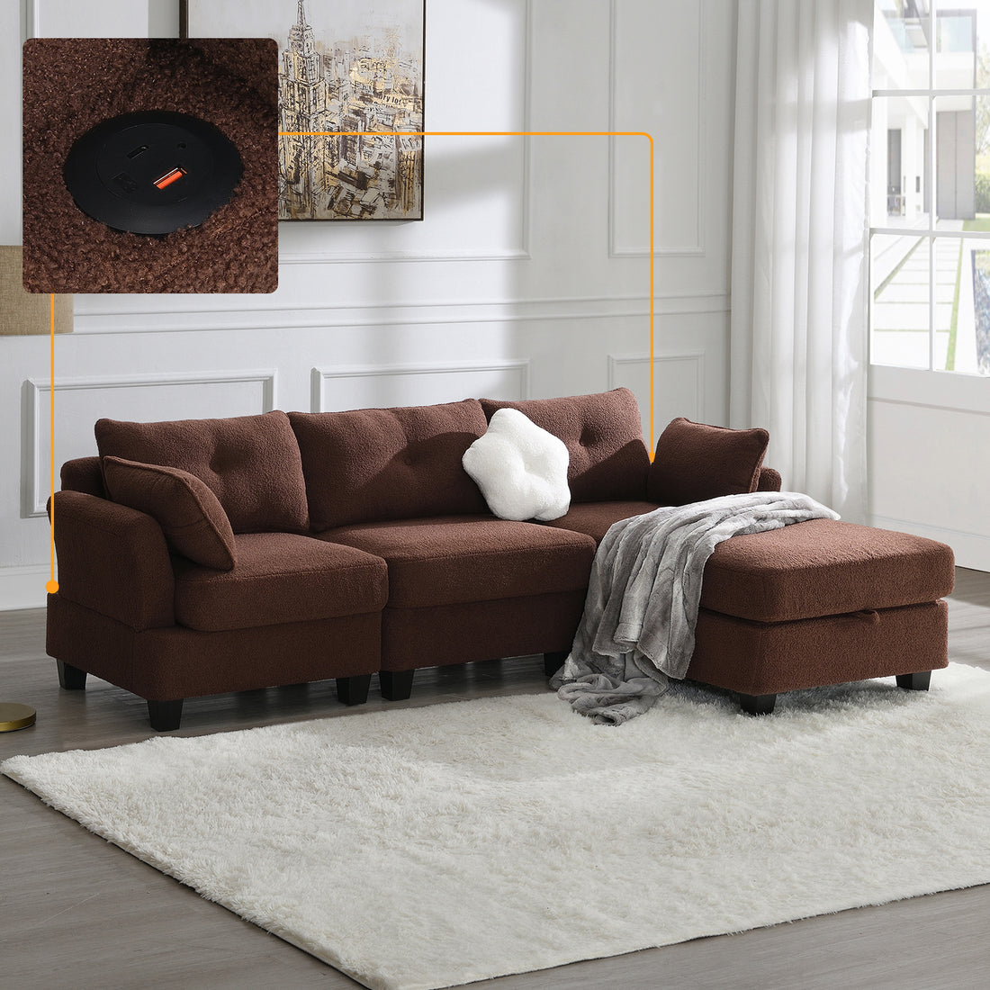 92*63"Modern Teddy Velvet Sectional Sofa,Charging Ports On Each Side,L Shaped Couch With Storage Ottoman,4 Seat Interior Furniture For Living Room, Apartment,3 Colors 3 Pillows Brown Teddy 4 Seat