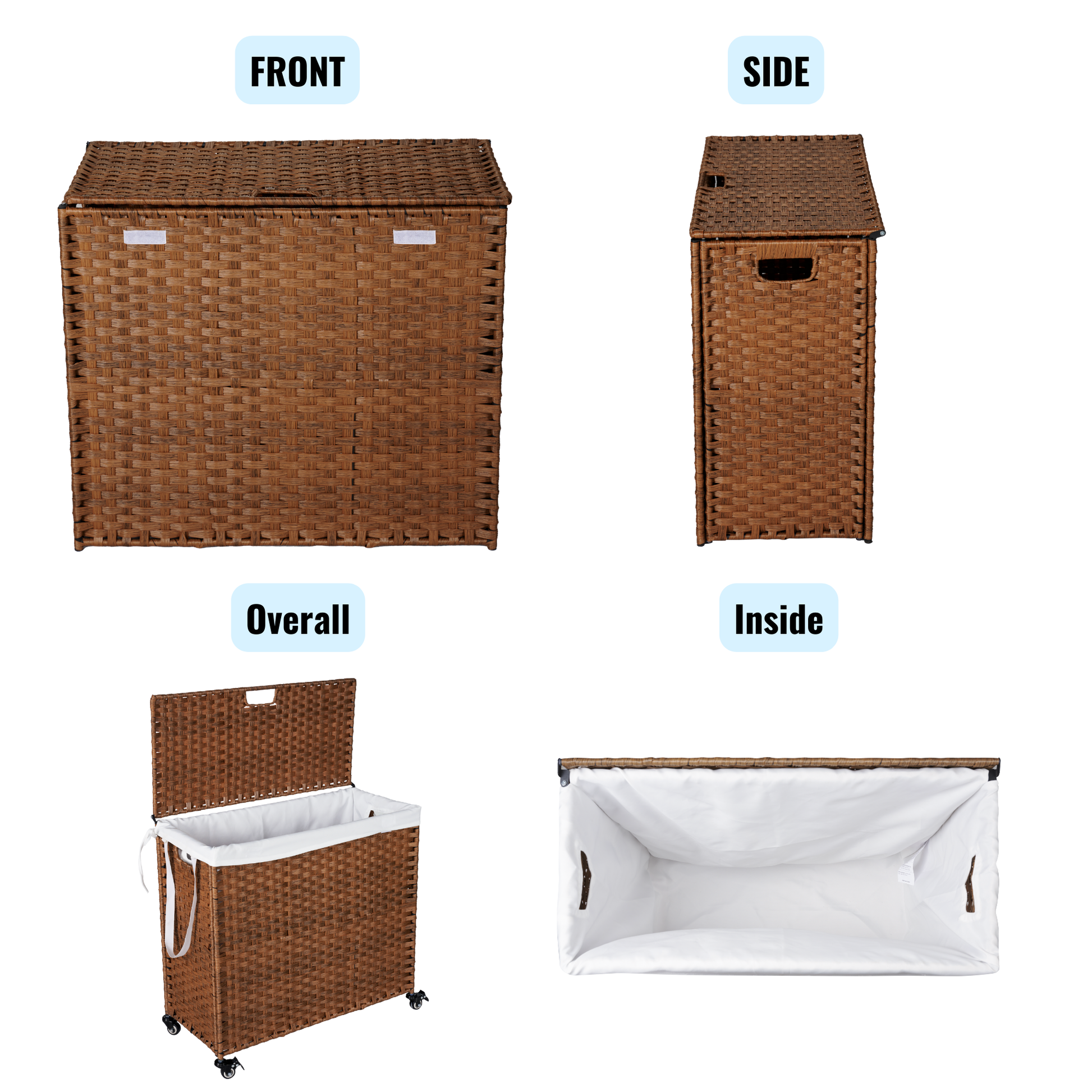 Laundry Hamper With Lid Pe Rattan Powder Coating Frame Clothes Hampers With 02 Removable Bags, Wheels, 160L, Brown Color Brown 1 Bathroom American Design,American Traditional Wicker