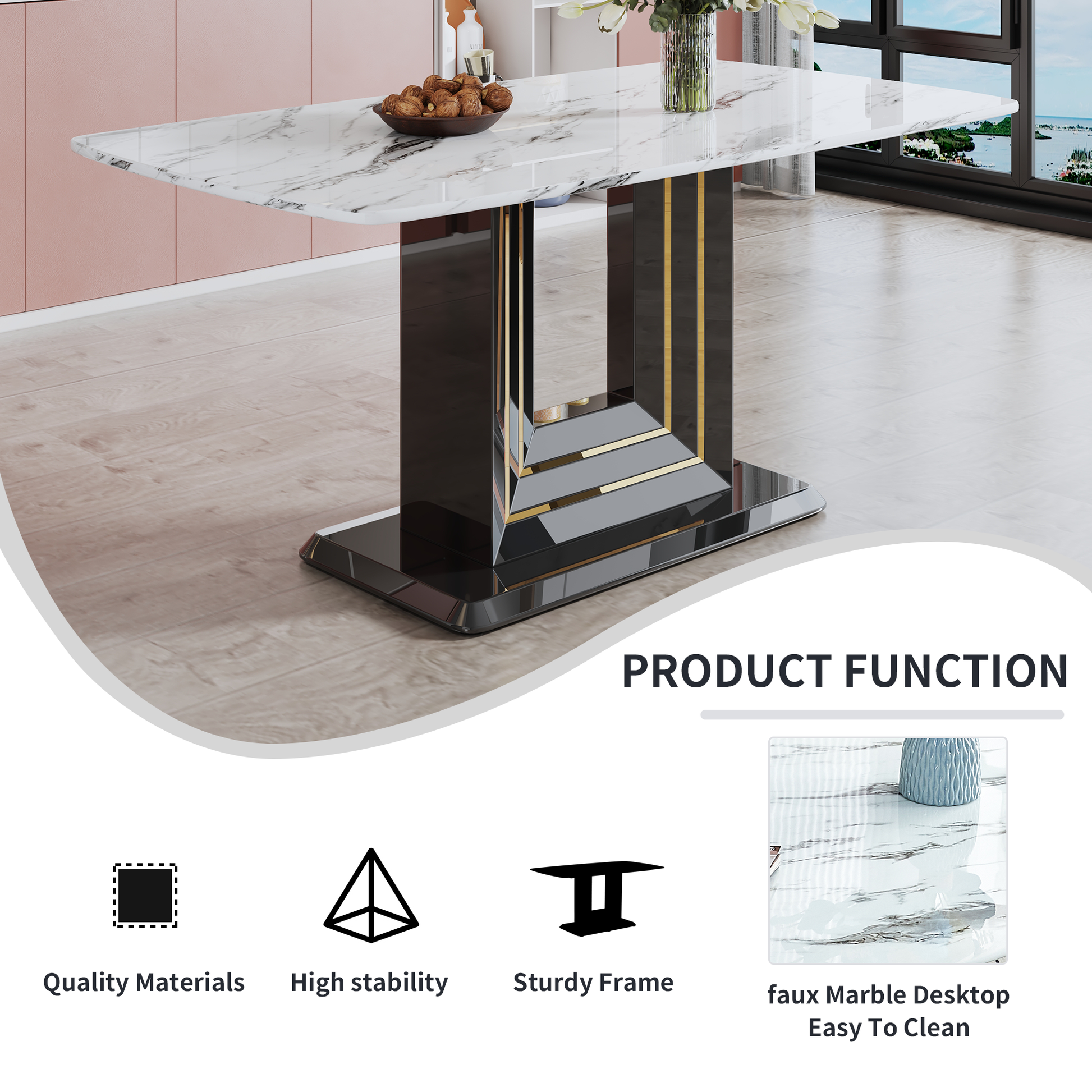 Modern Dining Table Set, 7 Piece Faux Marble Kitchen Table For 6 8, Glass Rectangular Dining Room Table With U Shaped Table Legs, Dining Table & 6 Chairs Metal Black Rectangular Mdf Glass