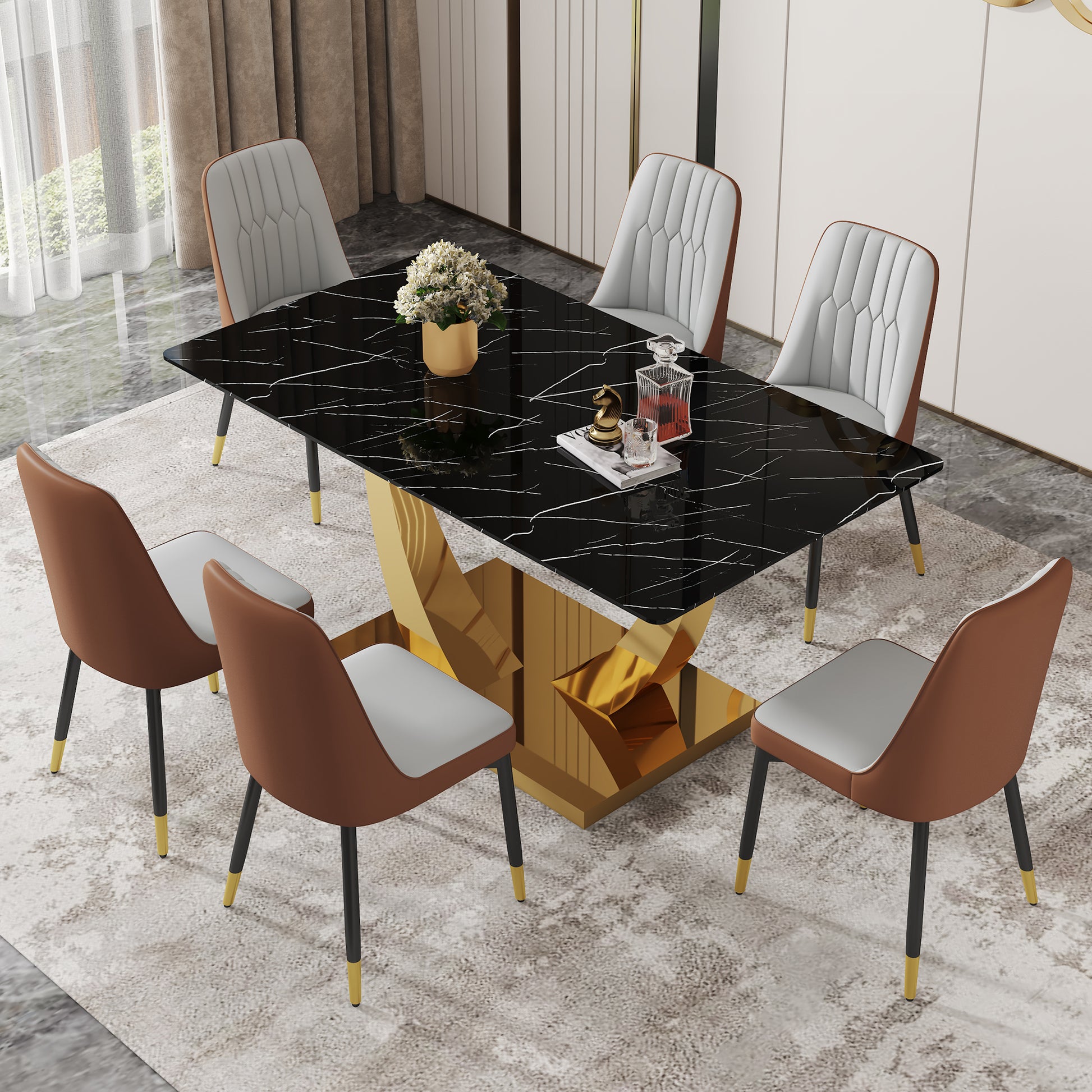 Table And Chair Set.Modern Rectangular Dining Table With Black Textured Stickers Glass Tabletop And Gold Plated Metal Legs.Paried With 6 Comfortable Chairs With Pu Seats And Black Metal Legs. Black Gold,Brown,Light Gray Seats 6 Glass Metal
