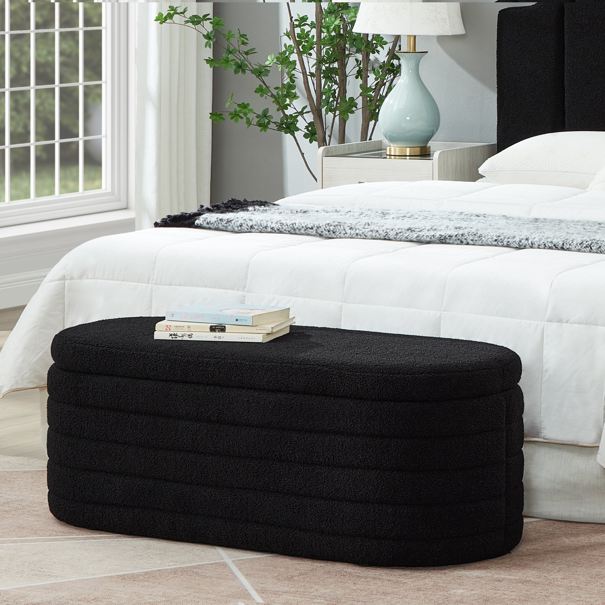 Modern Oval Storage Ottoman Bench, Upholstered Boucle Teddy Fabric End Of Bed Bench With Storage, End Of Bed Stool With Safety Hinge For Bedroom, Living Room, Entryway, Black Black Primary Living Space Oval Black American Design,Contemporary,Luxury,Mid