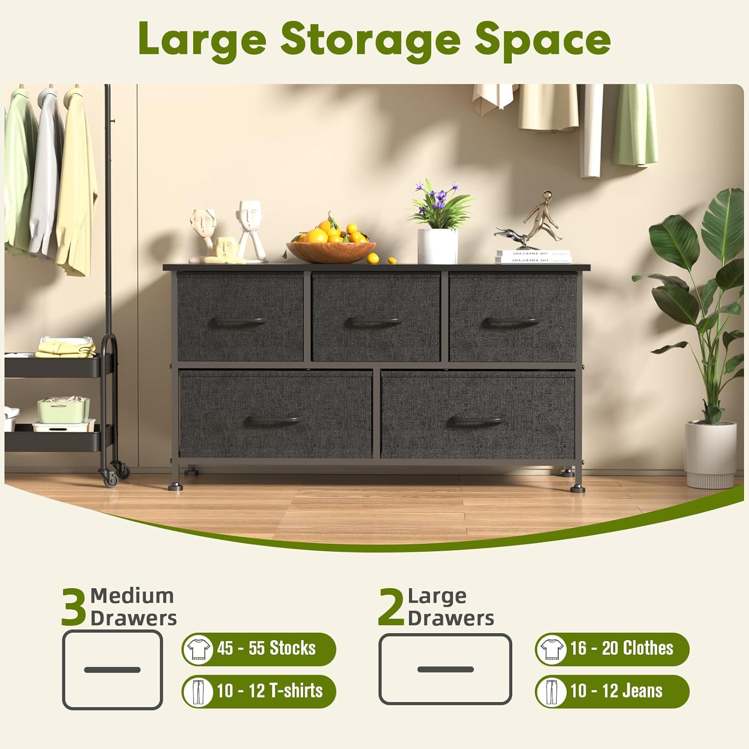 5 Drawers Dresser For Bedroom, Kidsroom Furniture, Wide Chest Of Drawers, Storage Organizer Units With Fabric Bins For Closet, Entryway, Metal Frame, Waterproof Wood Top, Adjustable Feet Black Wood