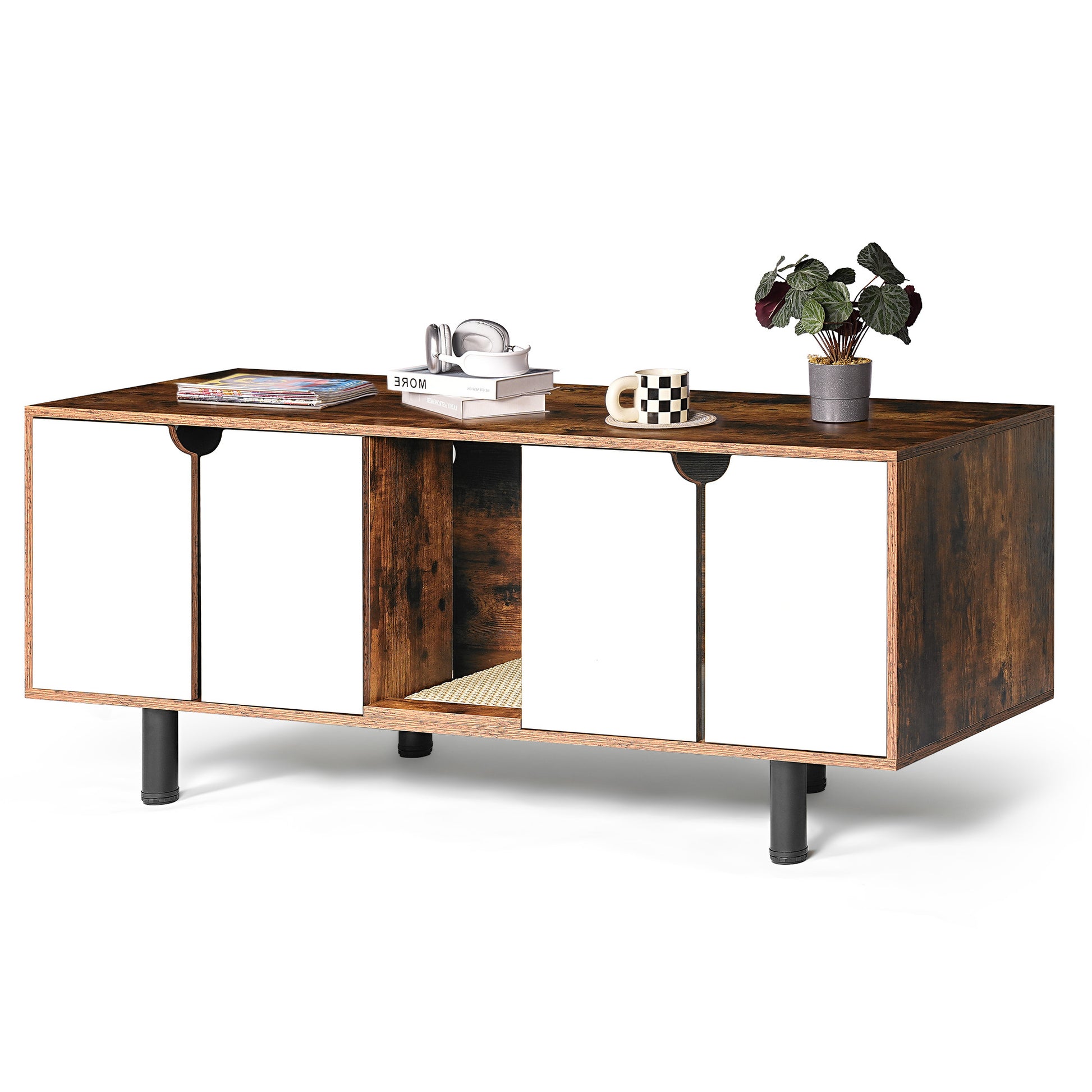 Cat Litter Box Enclosure For 2 Cats, Double Hidden Litter Box Furniture Large Cat Washroom, Indoor Cat House Cabinet Tv Stand End Table, White Vintage White Vintage Particle Board