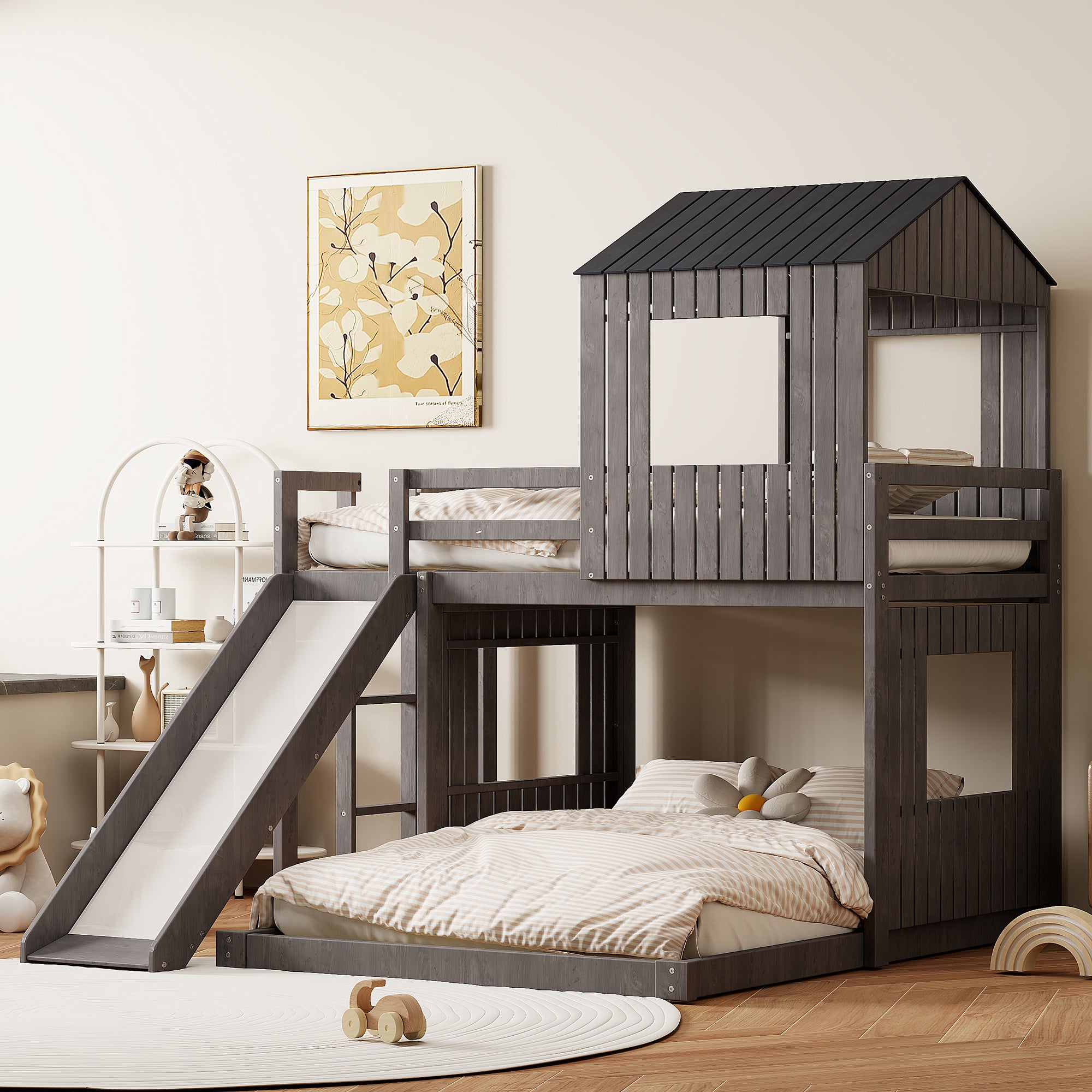 Wooden Twin Over Full Bunk Bed, Loft Bed With Playhouse, Farmhouse, La