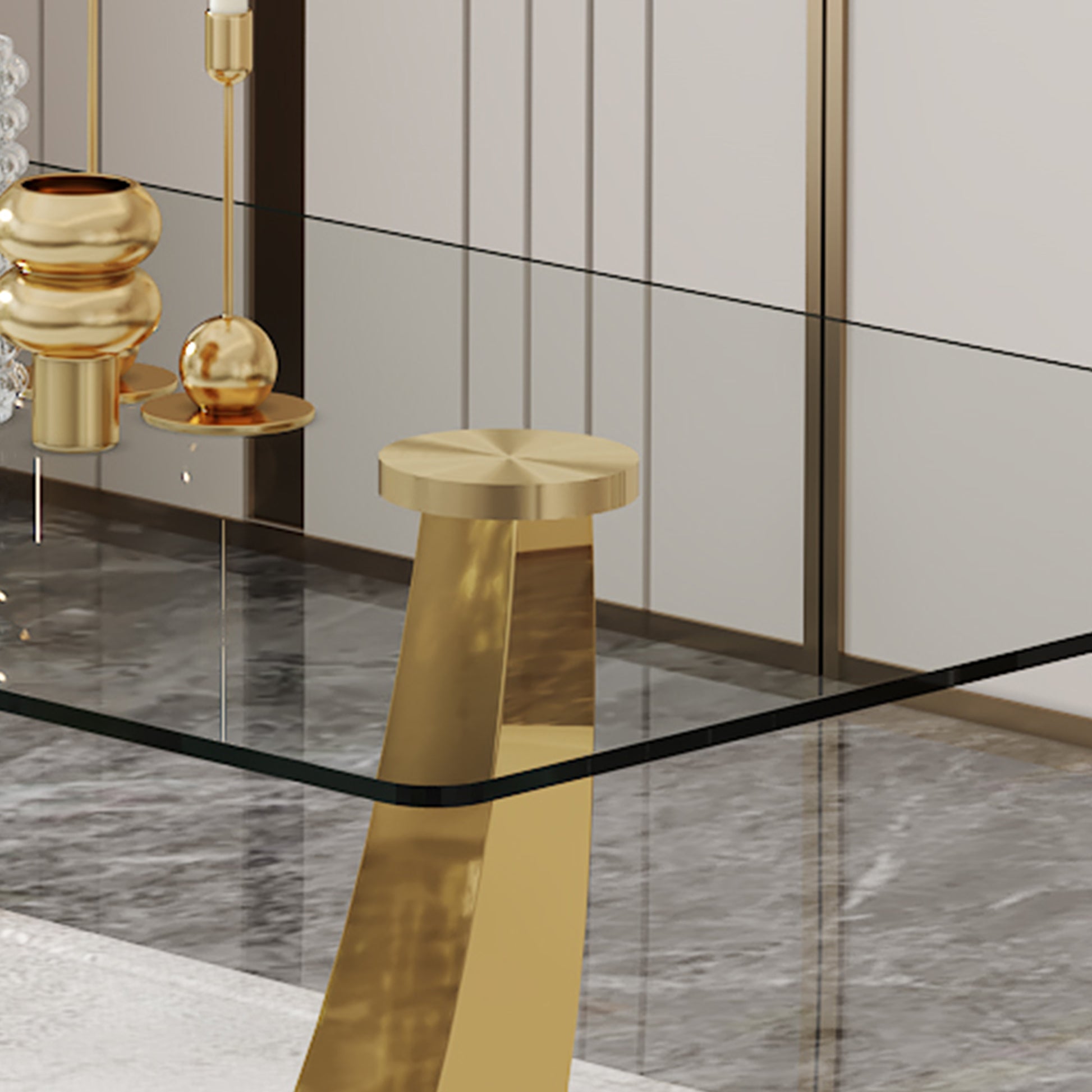 Table And Chair Set.Modern Rectangular Dining Table With Transparent Tempered Glass Tabletop And Gold Plated Metal Legs.Paried With 6 Comfortable Chairs With Pu Seats And Golden Metal Legs. Grey Gold,Transparent Seats 6 Glass Metal