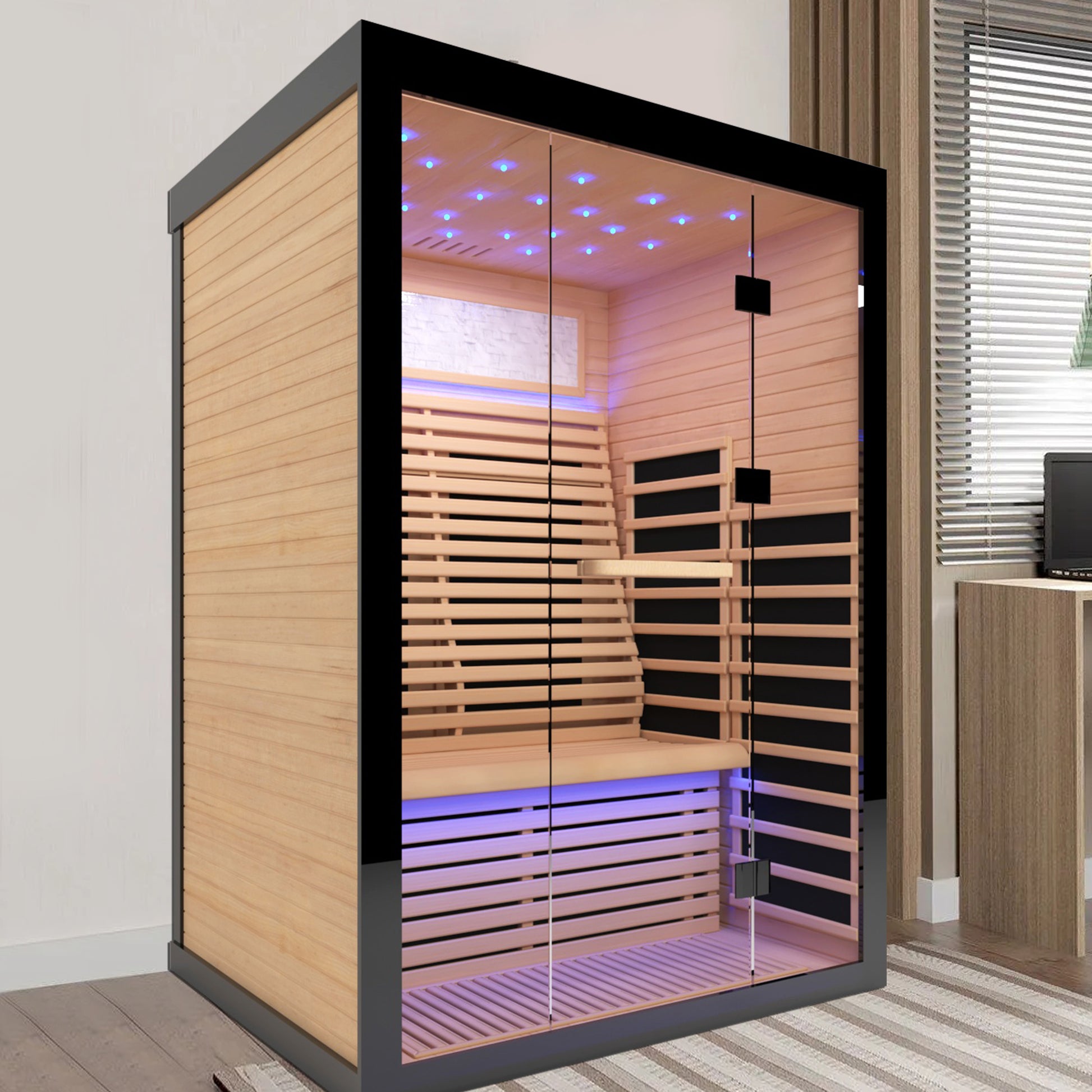 Luxury Double Sauna Room Black Natural Wood Paper Glass