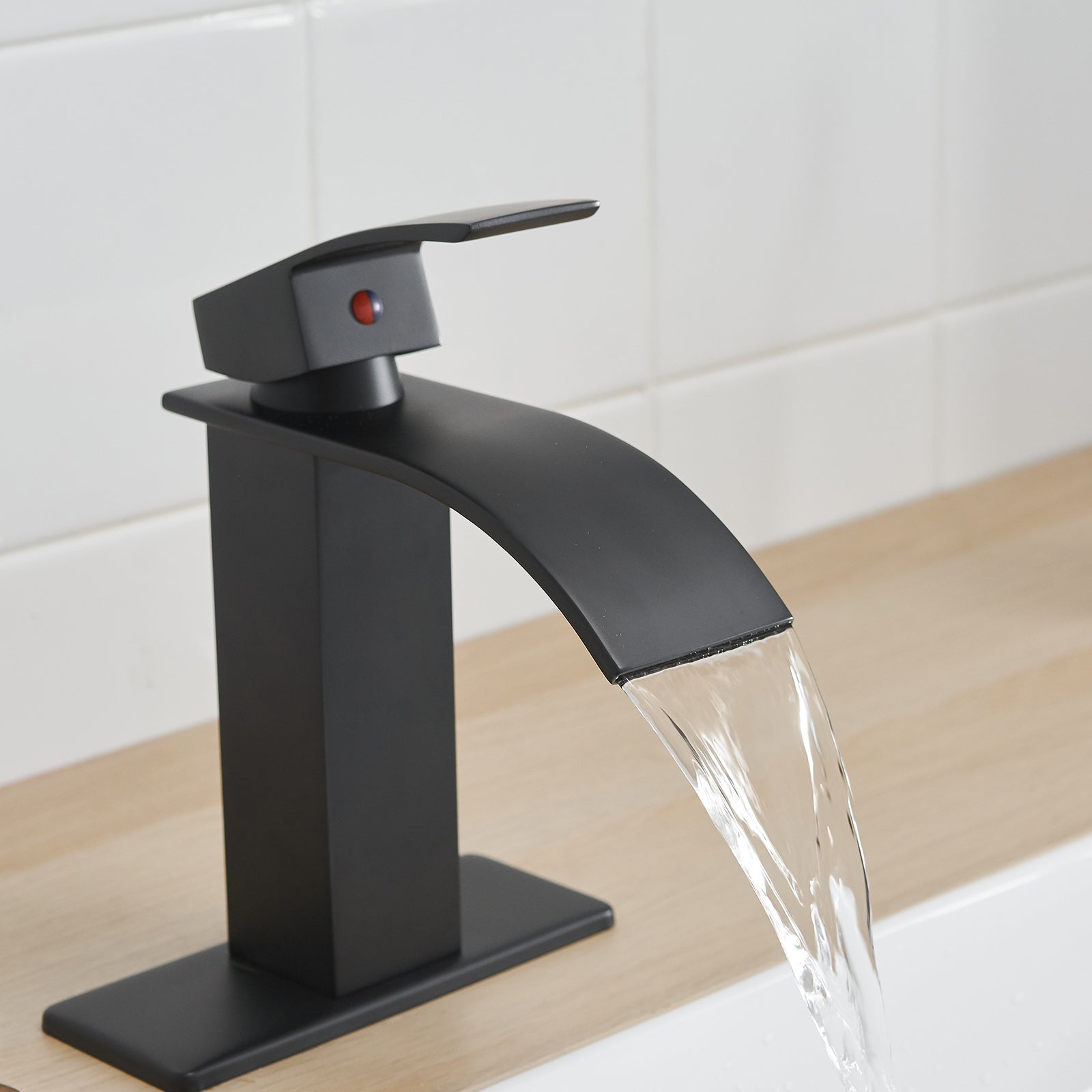 Matte Black Waterfall Single Handle Low Arc Bathroom Faucet With Drain Matte Black Brass