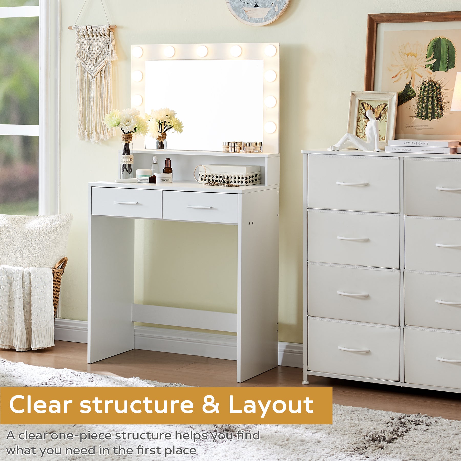 Vanity Desk With Mirror And Lights, Dressing Table With Large Drawer, 2 Level Storage Dresser & 3 Lighting Modes Adjustable Brightness, Suitable For Bedroom White White Particle Board