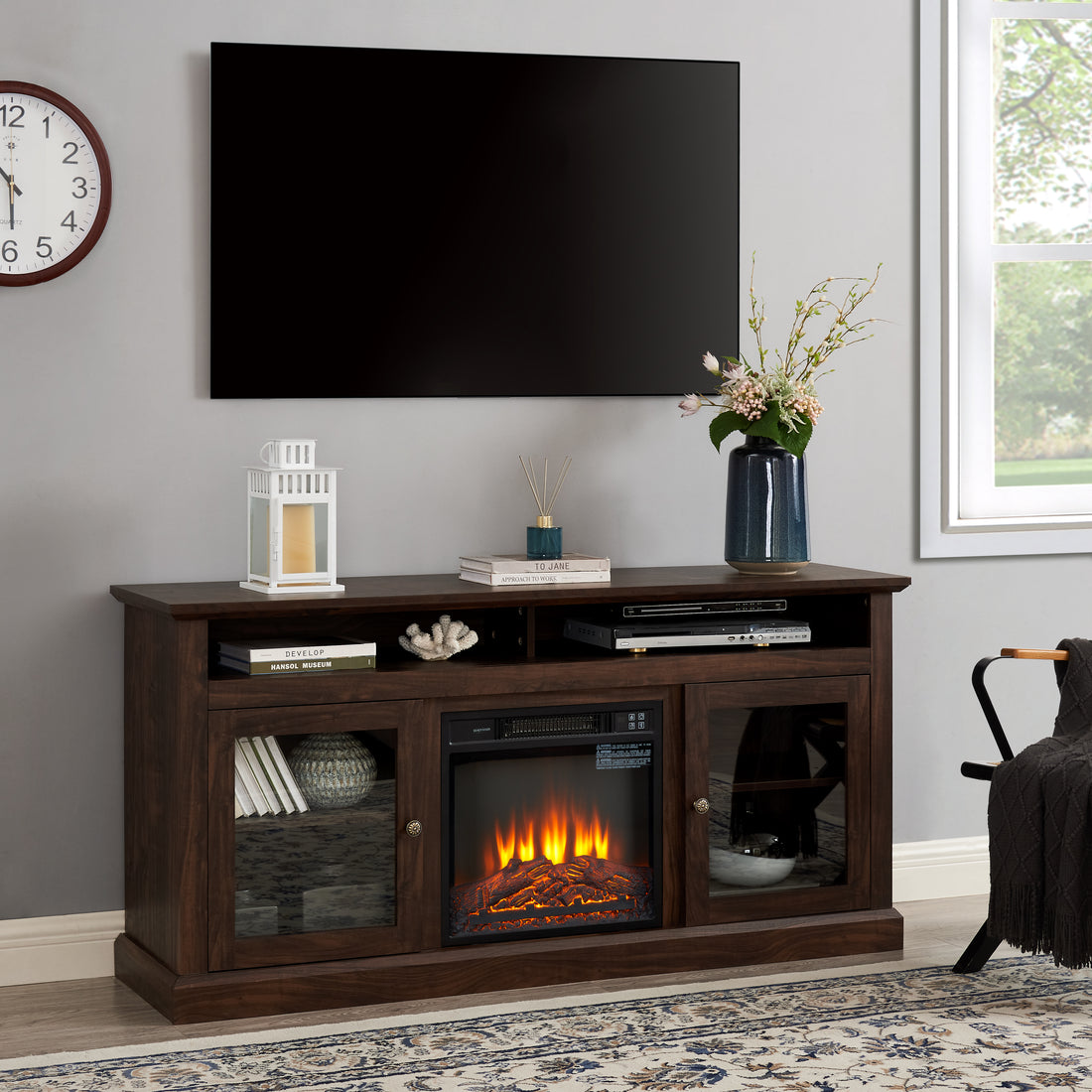 Modern Tv Stand Tv Media Stand Modern Entertainment Console With 18" Fireplace Insert For Tv Up To 65" With Open And Closed Storage Space, Brown, 60"W*15.75"D*29"H Brown 60 69 Inches Mdf