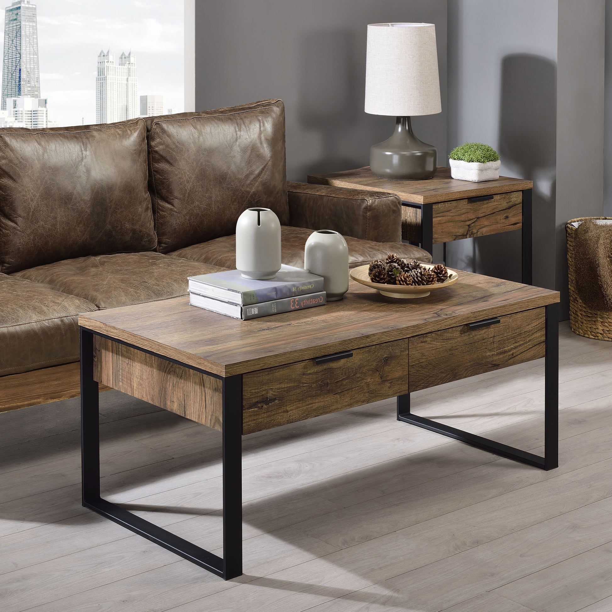 Weathered Oak And Black End Table With 1 Drawer Black Brown Primary Living Space Industrial Drawers Rectangular Wood Metal Sled