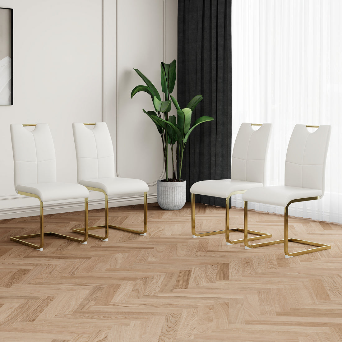 Modern Dining Chairs With Faux Leather Padded Seat Dining Living Room Chairs Upholstered Chair With Gold Metal Legs Design For Kitchen, Living, Bedroom, Dining Room Side Chairs Set Of 4 White Gold Metal