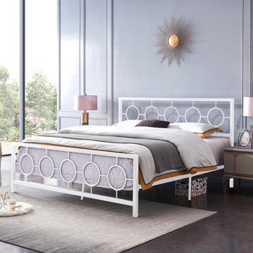 King Size Classical Metal Bed Frame With Circular Design Headboard And Footboard, Under Bed Space, White King White Iron