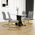 Modern Style Glass Dining Table, Elegant Transparent Design, Solid Support Base, Grey Dining Chair Set, Gold Plated Chair Legs, Suitable For Restaurant Kitchen Use Set Of 5 Grey Gold Seats 4 Mdf