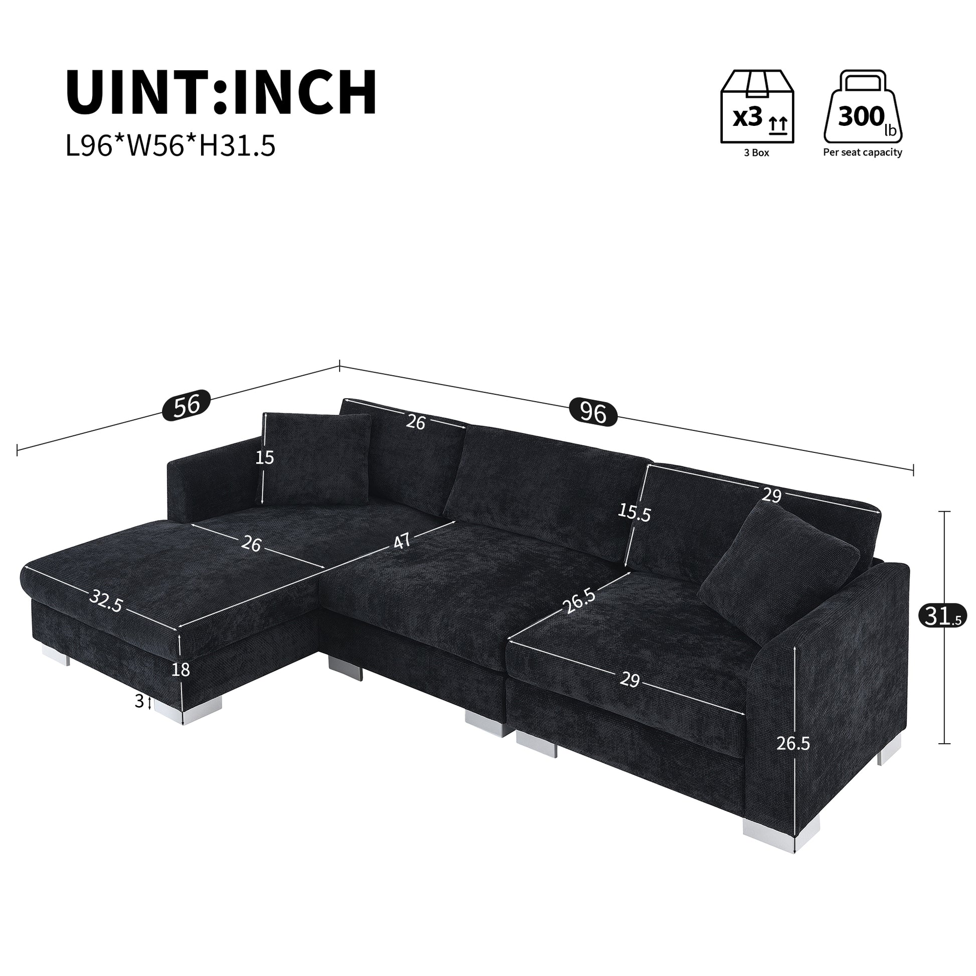 96*56" Modern Cloud Sectional Sofa,L Shaped Luxury Couch Set With 2 Free Pillows,4 Seat Chenille Indoor Furniture With Oversized Chaise For Living Room,Apartment,Office,3 Colors Black Chenille 4