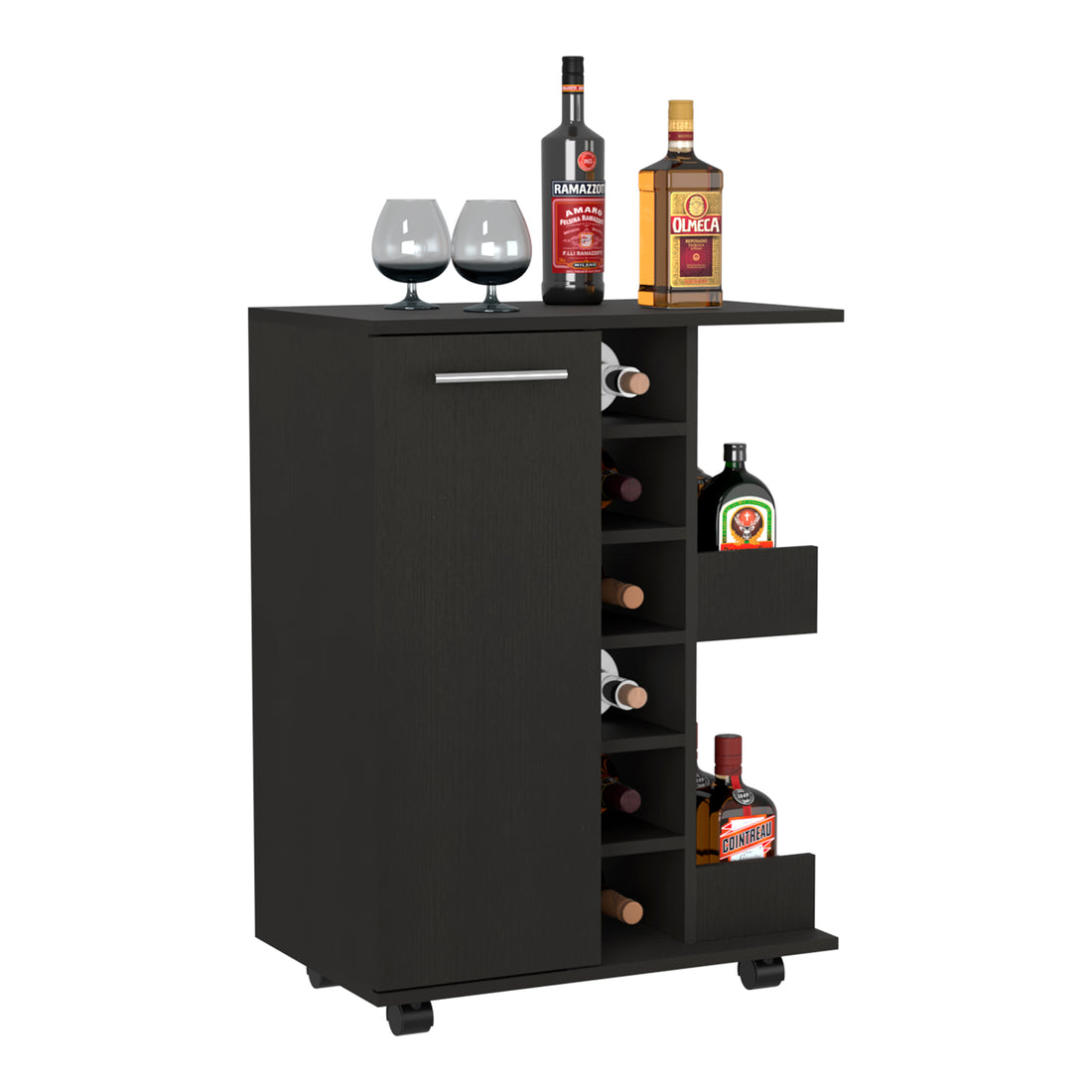 32" H Black Bar Coffee Cart, Cabinet Storage, With 4 Wheels, 1 Divided Storage With 1 Shelf, 1 Folding Door, A Central Vertical Division For 6 Bottles And 2 Side Shelves With Aluminum Front Black Particle Board Particle Board