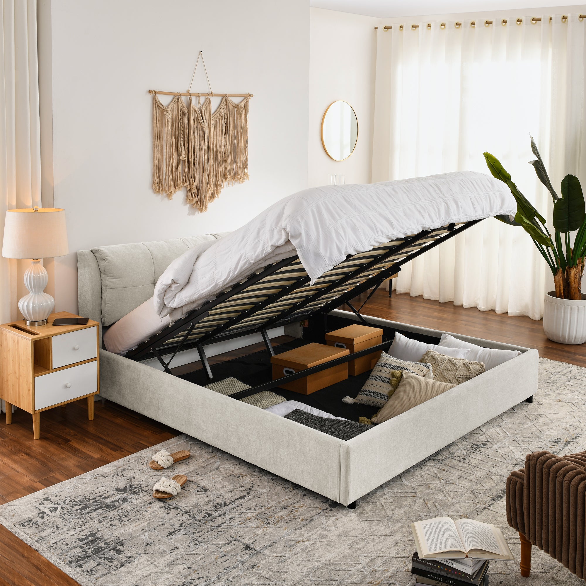 King Size Storage Upholstered Hydraulic Platform Bed With Integrated Headboard, Chenille Fabric, Beige King Beige Bedroom Luxury,Modern Chenille Chenille