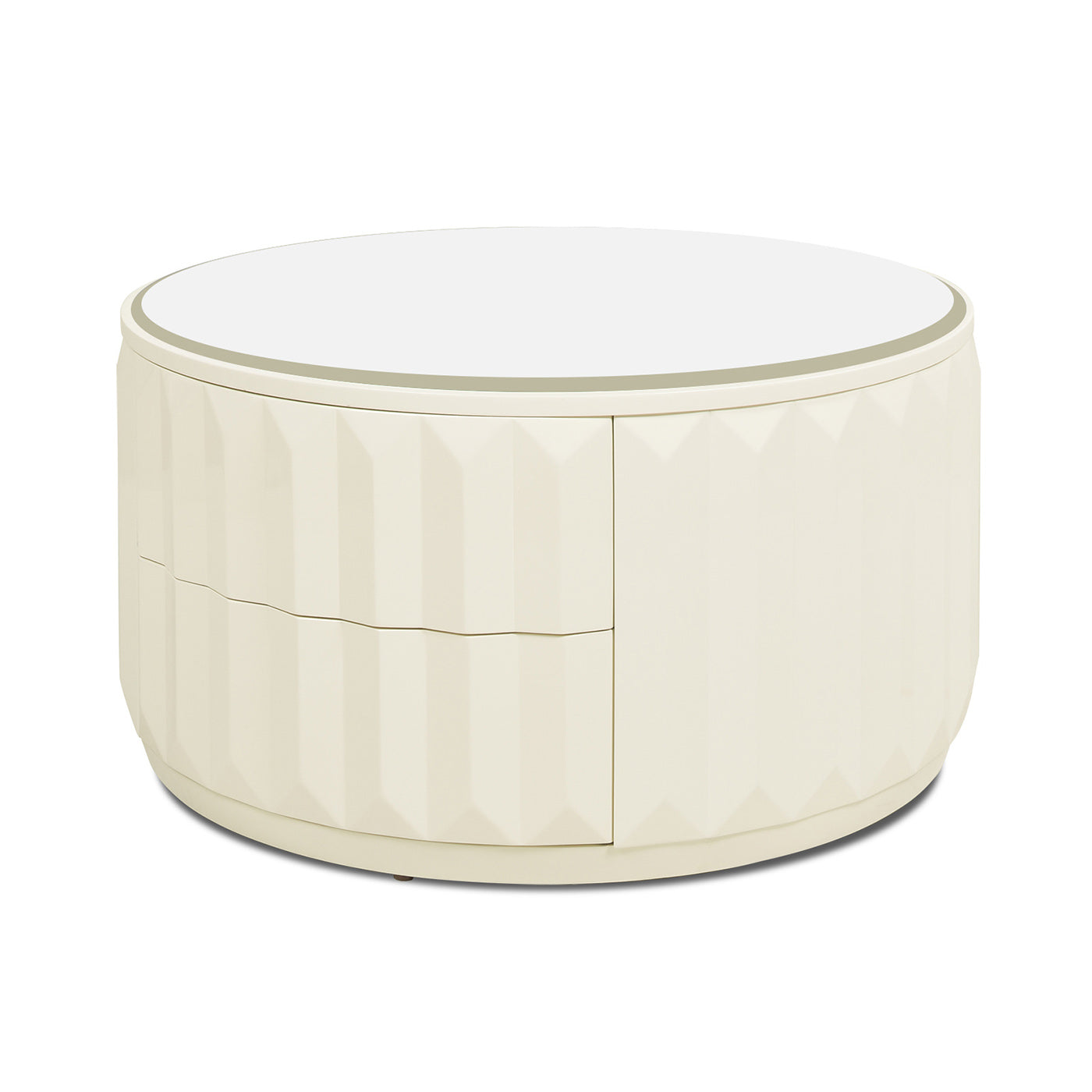 Facino 35.5" Round Storage Coffee Table, White Lacquer Birchwood White Solid Wood Mdf Solid Wood Mdf