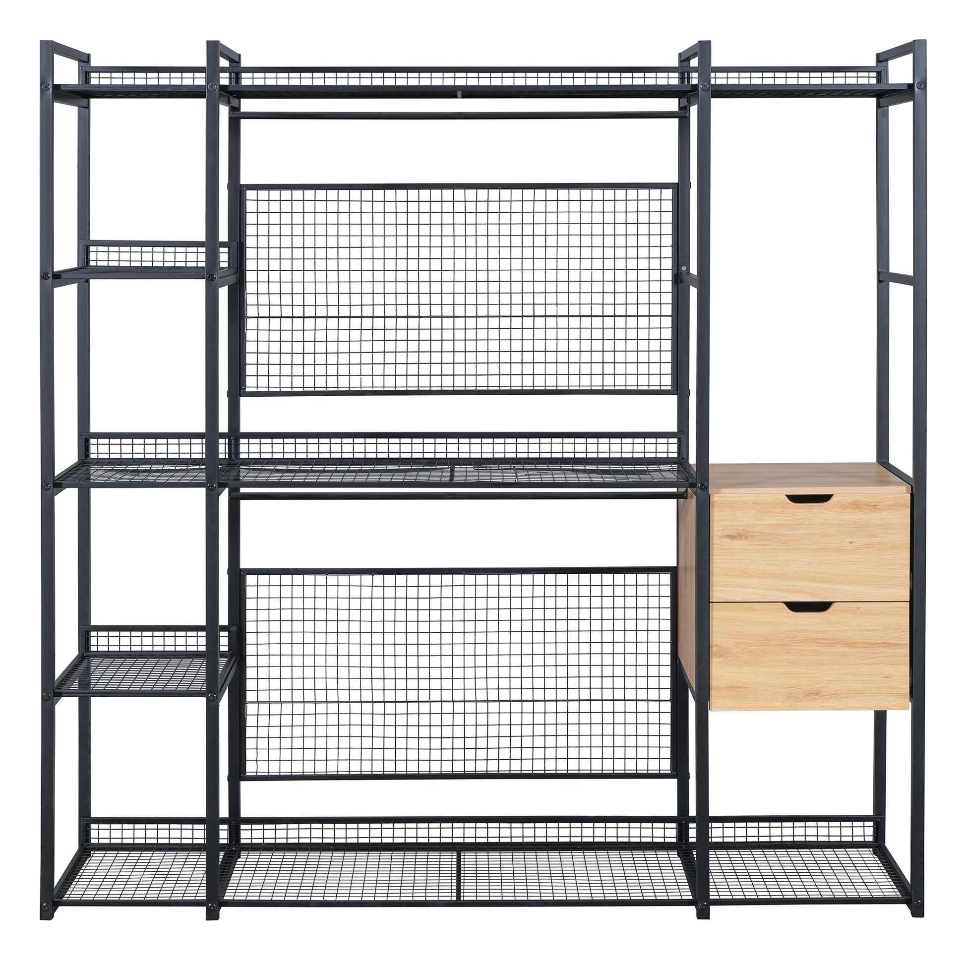 Open Style Wardrobe With Hanging Rails, Shelves And Drawers, Black Black Metal & Wood