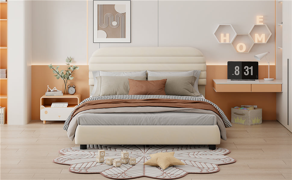 Queen Size Velvet Upholstered Platform Bed,Solid Frame And Stylish Curve Shaped Design, Beige Queen Beige Velvet