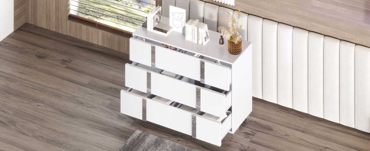 Elegant Modern Dresser With Metal Handle,Mirrored Storage Cabinet With 6 Drawers For Bedroom,Living Room,White White Mdf Metal