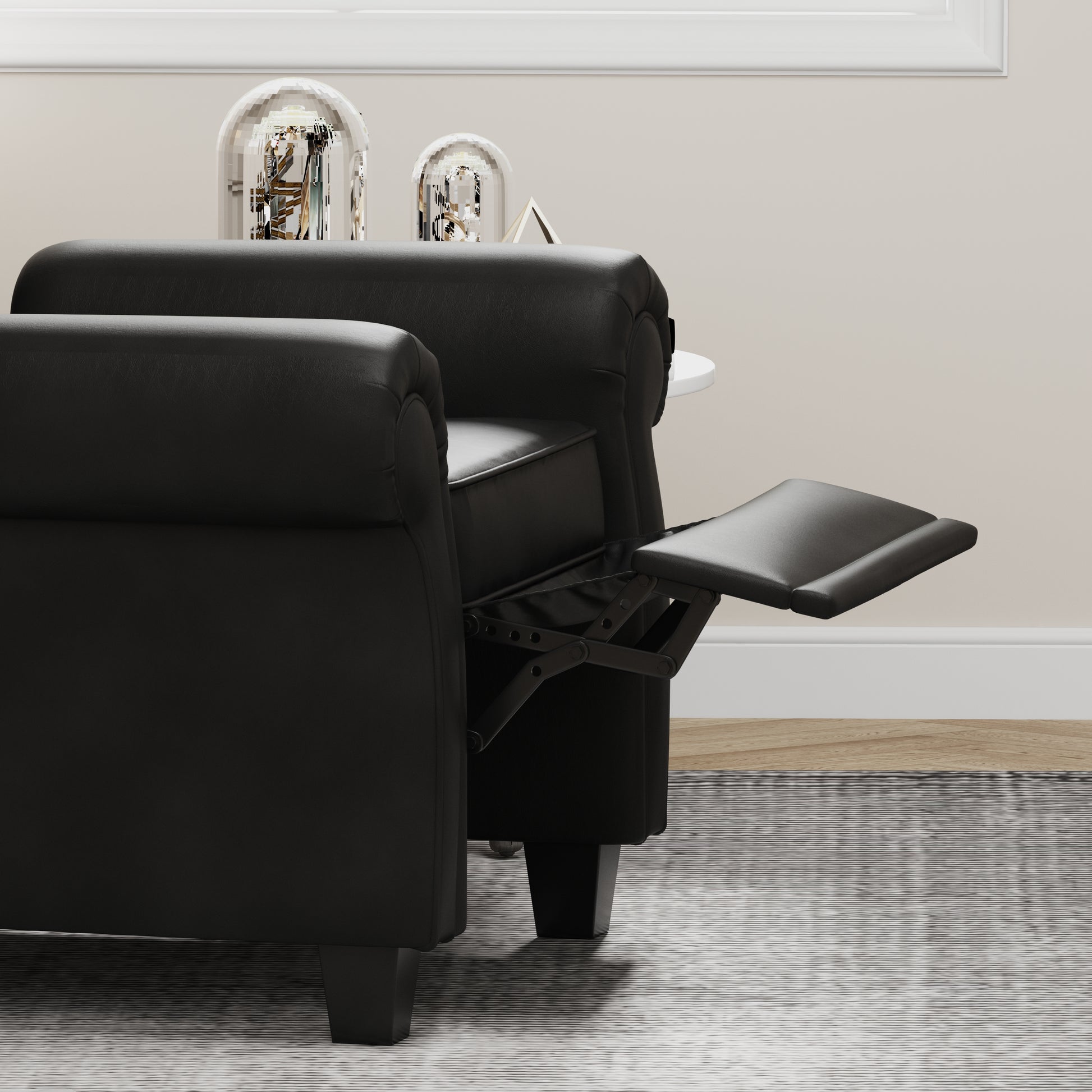 Modern Tufted Push Back Armchair Technical Leather Chair, Adjustable Single Sofa Chair With Sturdy Wood Legs For Bedroom, Living Room, Small Space Color:Black Black Primary Living Space Mid Century