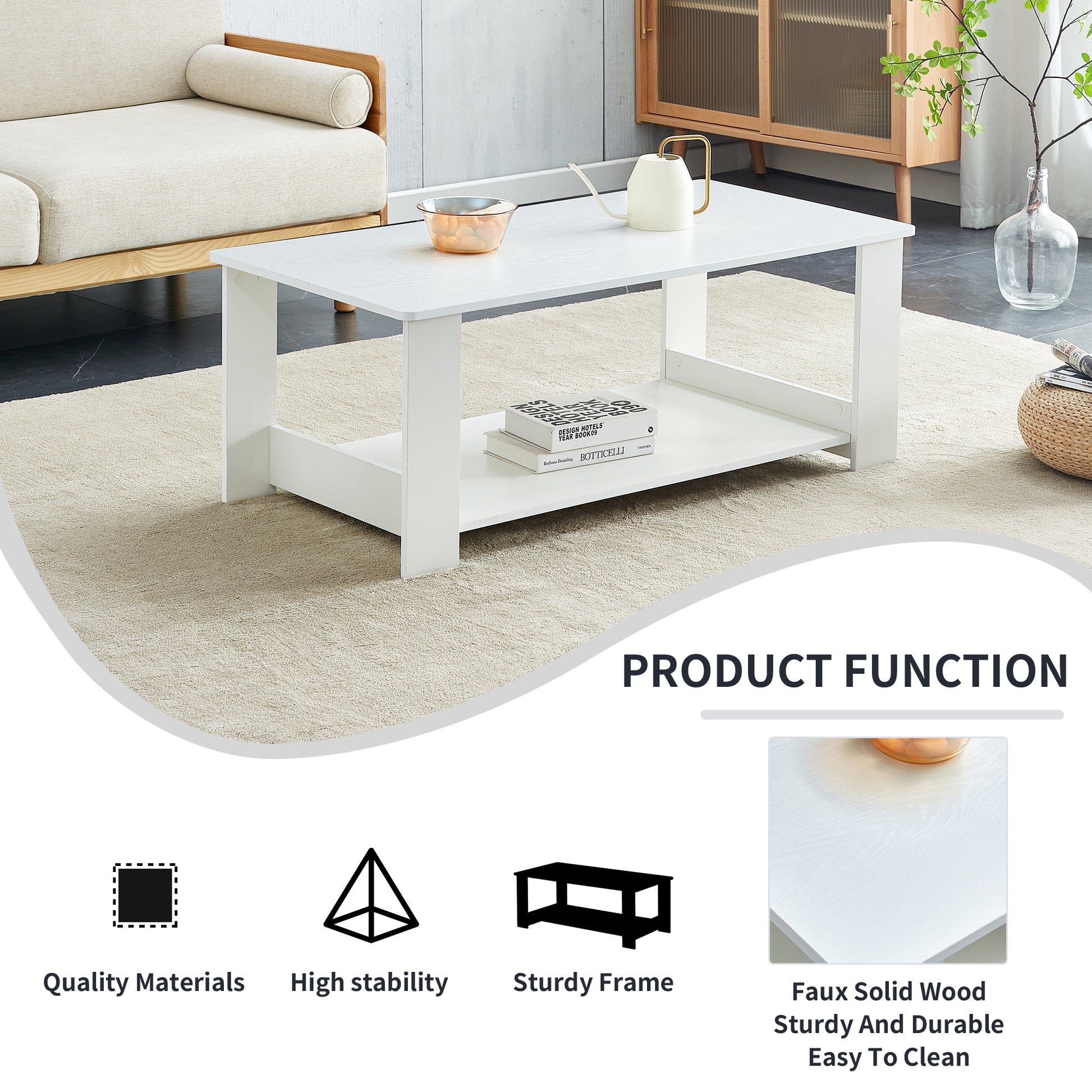 A Modern And Practical White Coffee Table. The Double Layered Coffee Table Is Made Of Mdf Material,. Suitable For Living Room, Bedroom, And Study.Ct 16 White Mdf