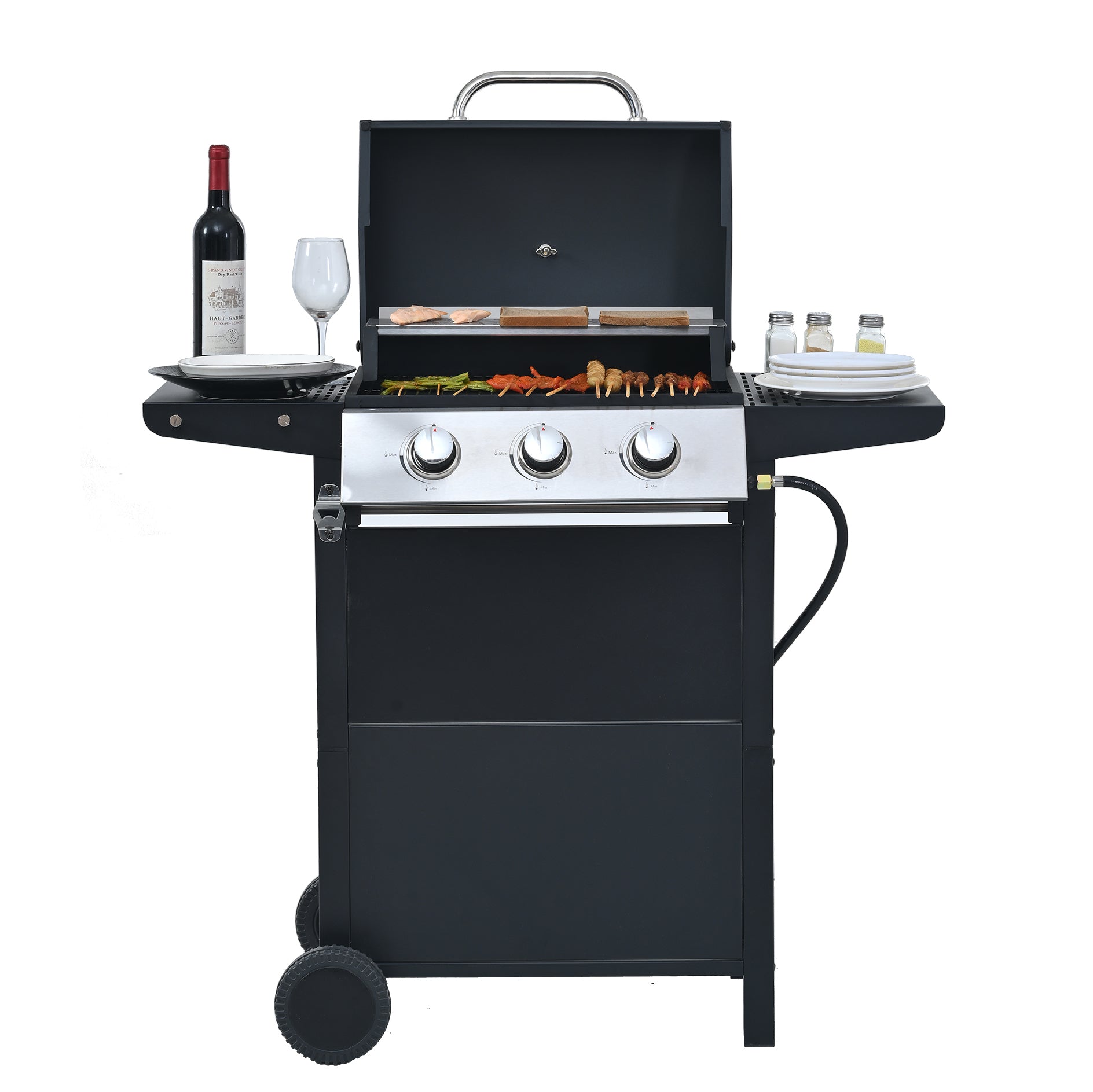 Propane Gas Grill 3 Burner Barbecue Grill, Stainless Steel 26,000 Btu Patio Garden Barbecue Grill With Two Shelves, Lid, Wheels And Bottle Opener Black Iron