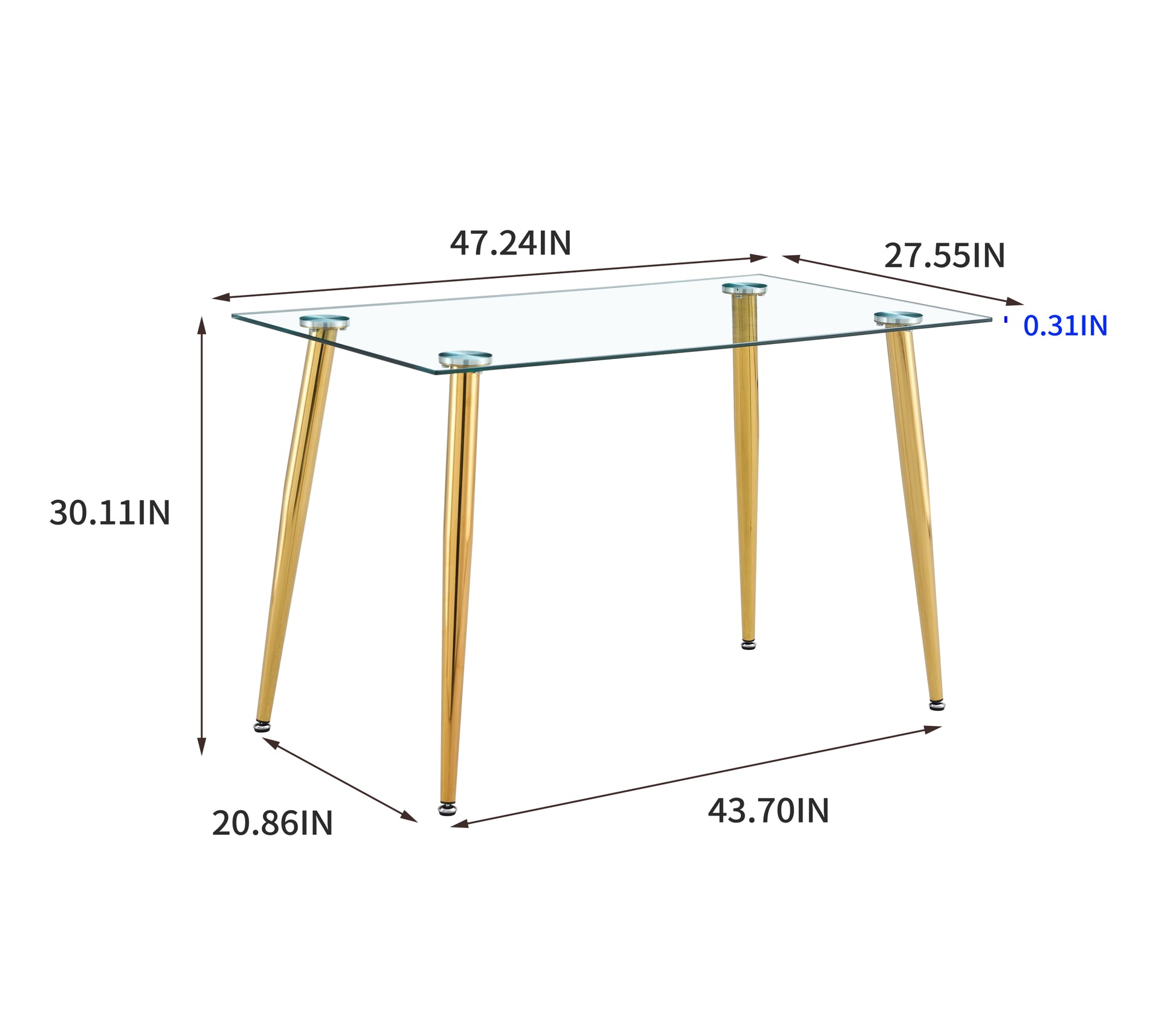 Modern Minimalist Rectangle Glass Dining Table Set Of 5Transparent Glass Tabletop And Electroplate Metal Legs, Suitable For Kitchens, Restaurants, And Living Rooms Golden White Metal