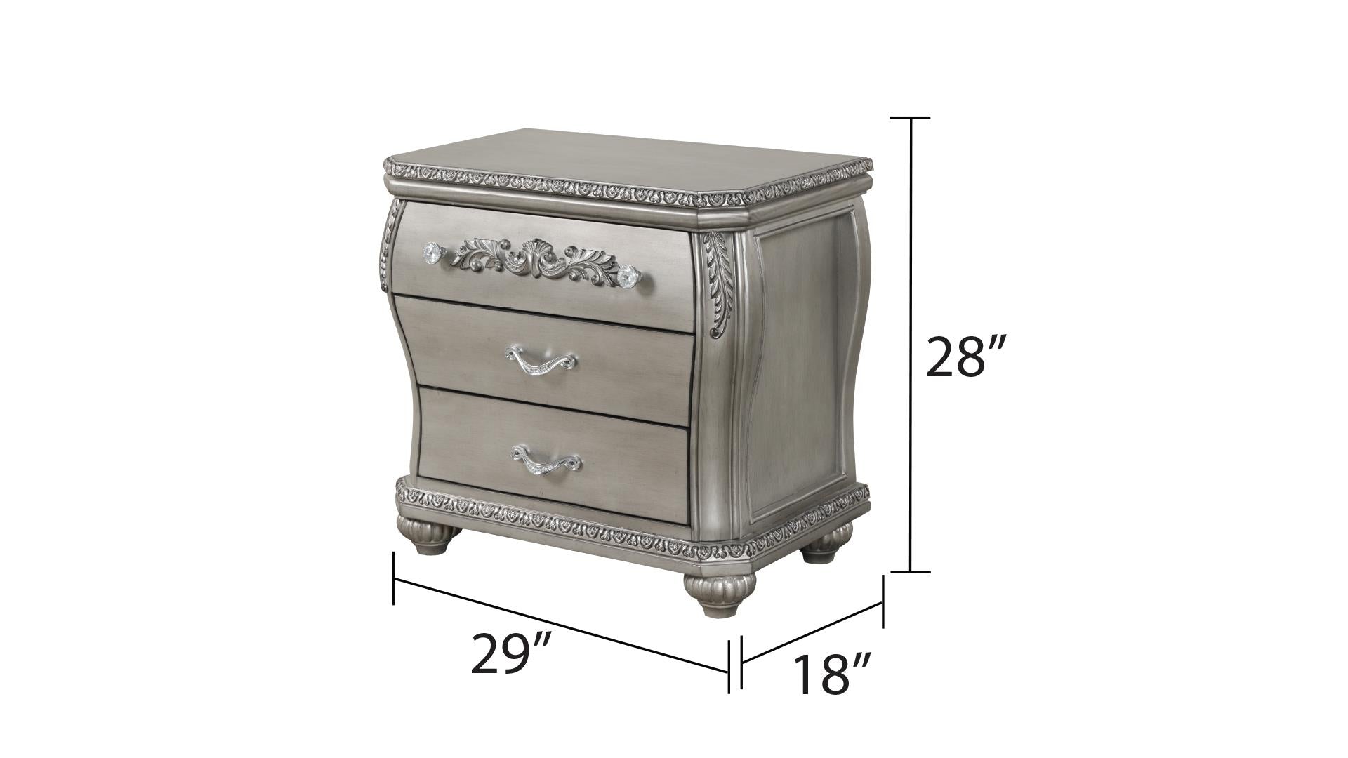 Destiny Traditional Style 3 Drawer Night Stand With Metal Drawer Pulls Made With Wood In Silver Silver 3 Drawers Bedroom Bedside Cabinet Traditional Drawers Silver Solid Wood Mdf Wood