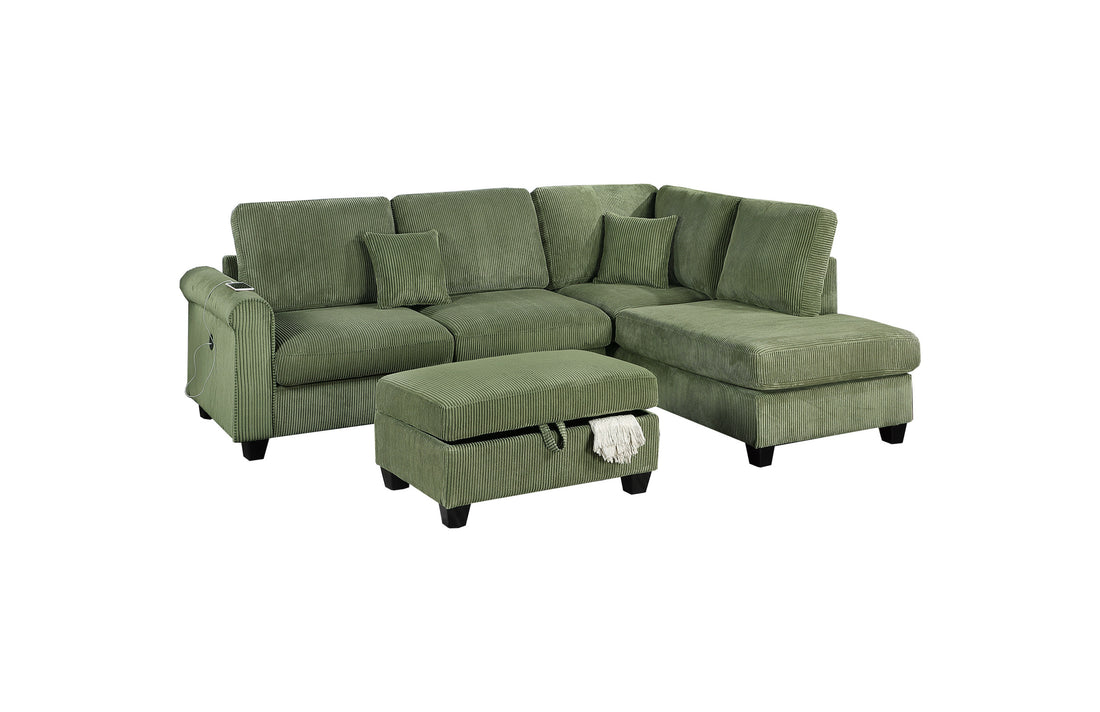 Gorgeous Sage Color 3Pc Sectional Set Corduroy Upholstered Laf Sofa Raf Chaise Ottoman L Sectional Living Room Furniture Sage Primary Living Space Cushion Back Contemporary,Modern L Shaped Rubberwood Rolled Arms Corduroy 6 Seat