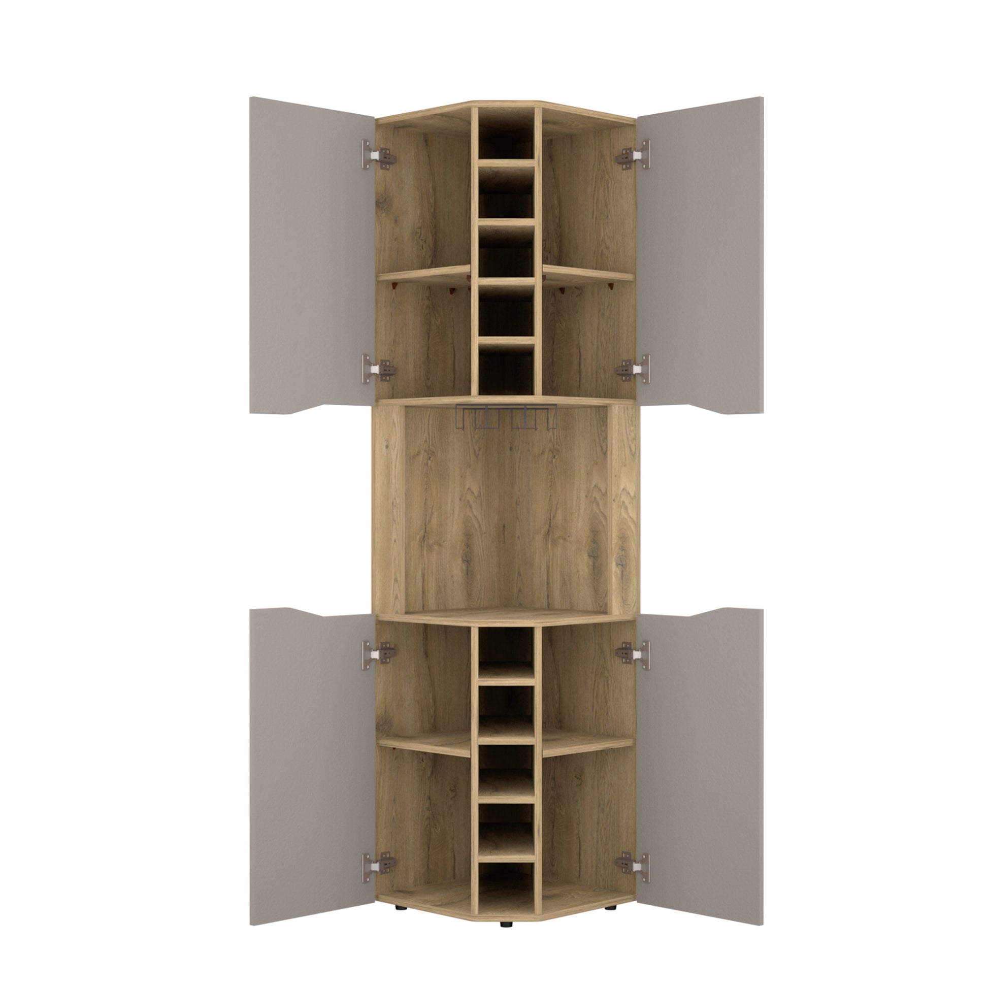 Corner Bar Cabinet, Ten Built In Wine Rack, Macadamia Taupe Multicolor Solid Wood Mdf Engineered Wood