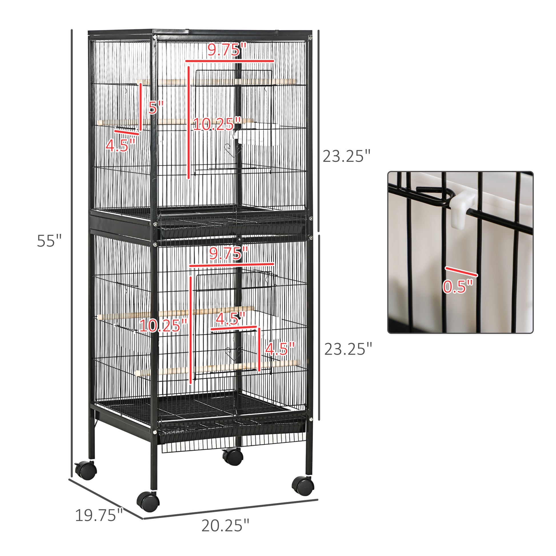 Pawhut Large Bird Cage With 1.7 Ft. Width For Wingspan, Bird Aviary Indoor With Multi Door Design, Fit For A Canary, Finch, Conure, 55", Black Black Wood