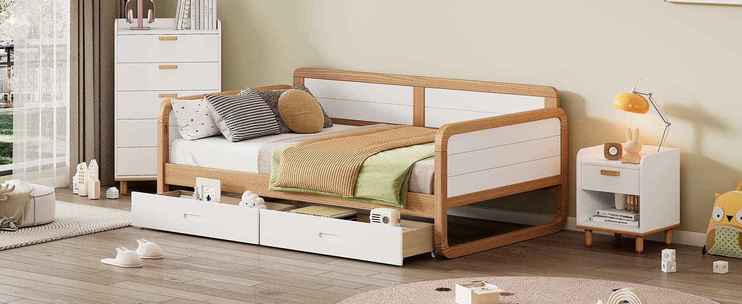 Twin Size Solid Wood Daybed With 2 Storage Drawers For Limited Space Kids, Teens, Adults, No Need Box Spring, Walnut And White Box Spring Not Required Twin White Walnut Wood Bedroom Modern Pine Daybeds Wood