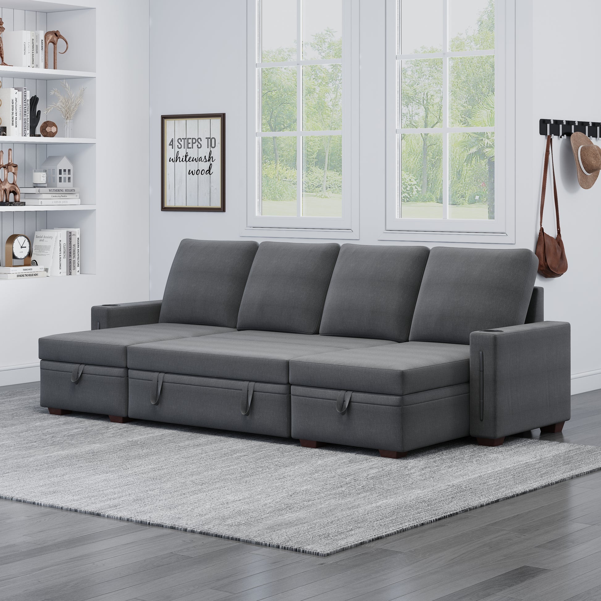 Sectional Sofa With Storage, 96" U Shaped Sectional Couches For Living Room, Comfy Convertible Sectional Sofa Dark Grey Dark Grey Linen Primary Living Space Cushion Back Soft Modern Eucalyptus Square Arms Foam Linen 4 Seat