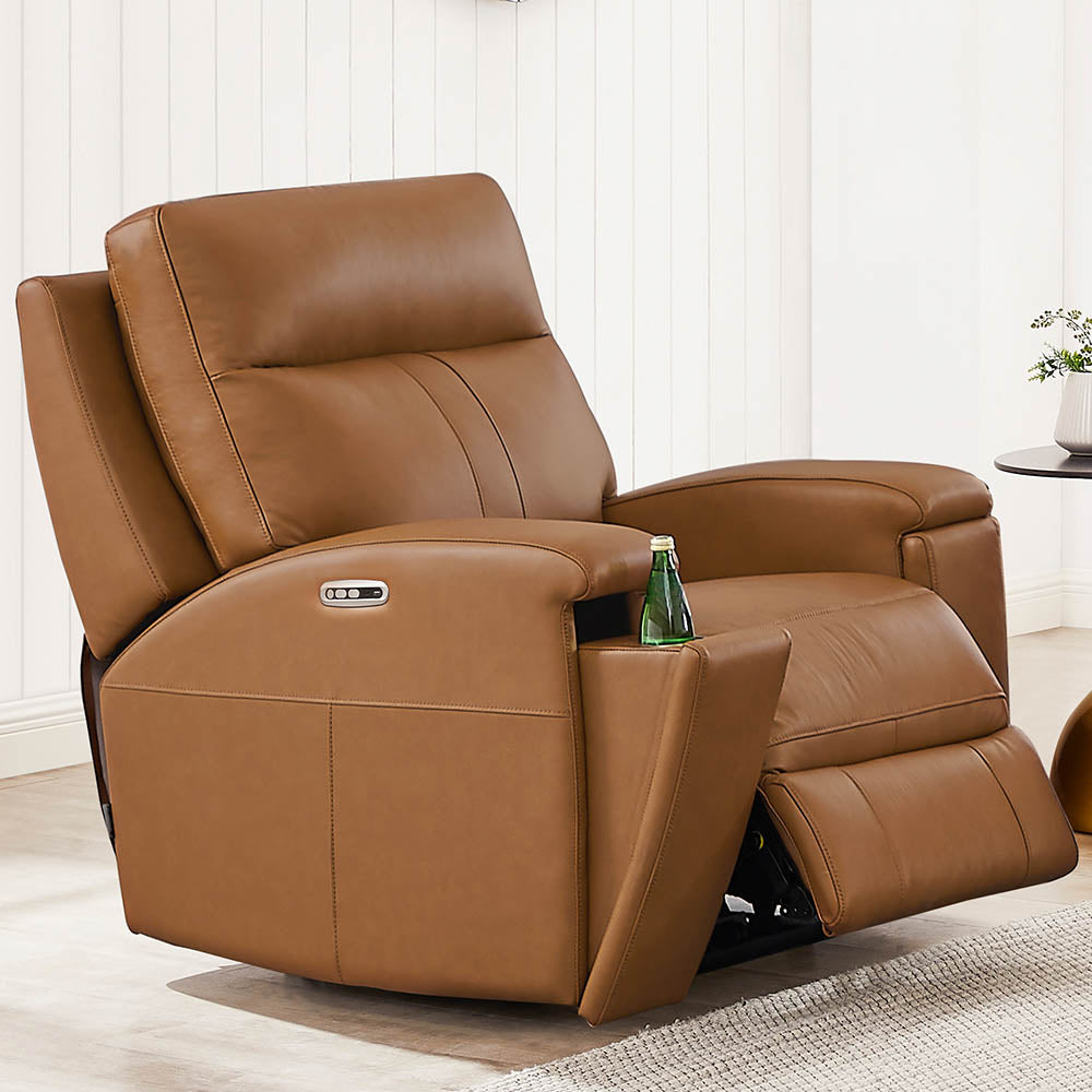 Venice Power Headrest Zero Gravity Recliner Brown Genuine Leather Wood Primary Living Space Tight Back Mid Century Modern Eucalyptus Memory Foam Leather