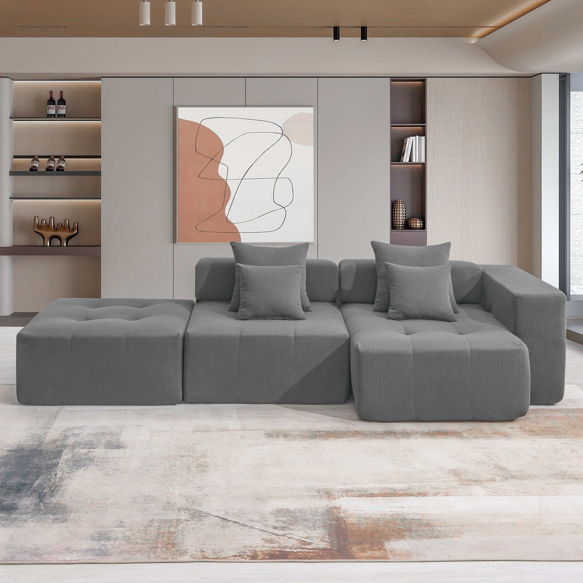 105.5'' L Shaped Modular Sectional Sofa,Minimalist Corduroy Floor Couch Set,Convertible Foam Filled Cloud Couch For Living Room,3 Pc Free Combination,No Assembly Required,3 Colors Gray Corduroy 4 Seat