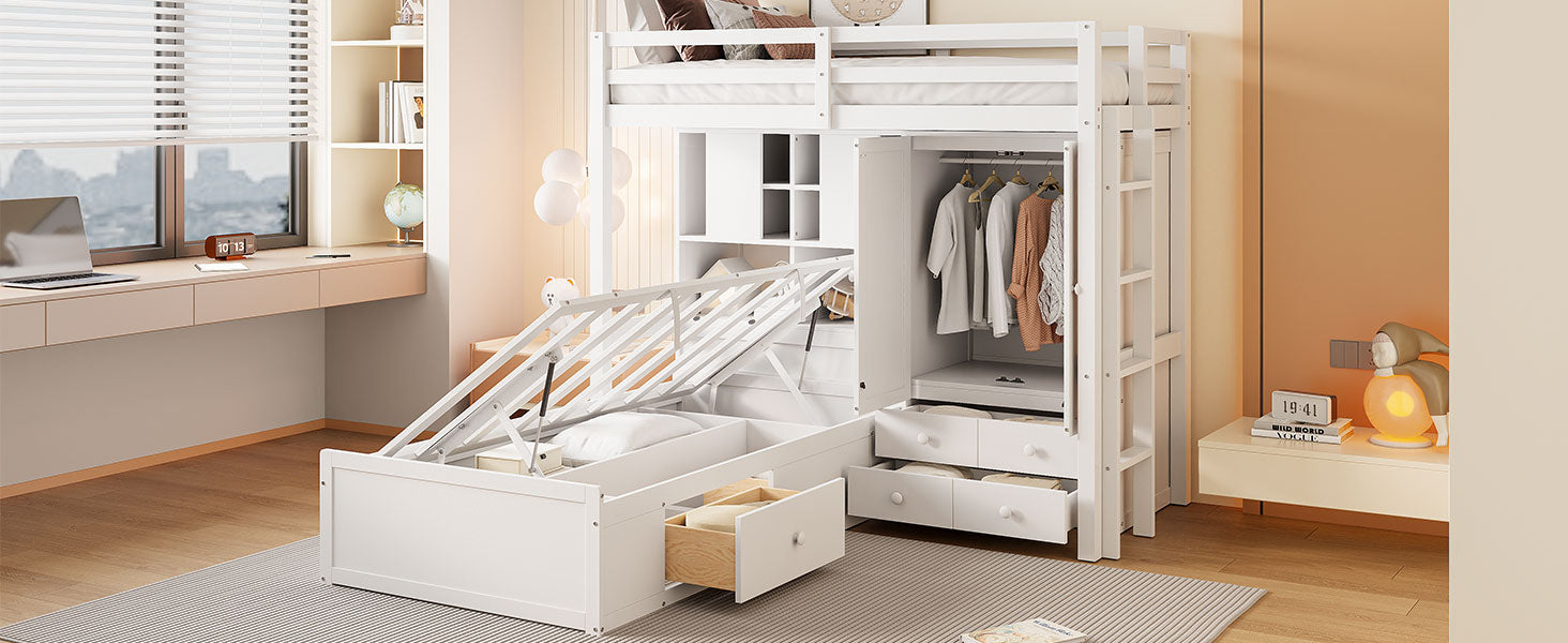 Twin Bunk Bed With Drawers, Wardrobe, Storage Shelves And Hydraulic Be