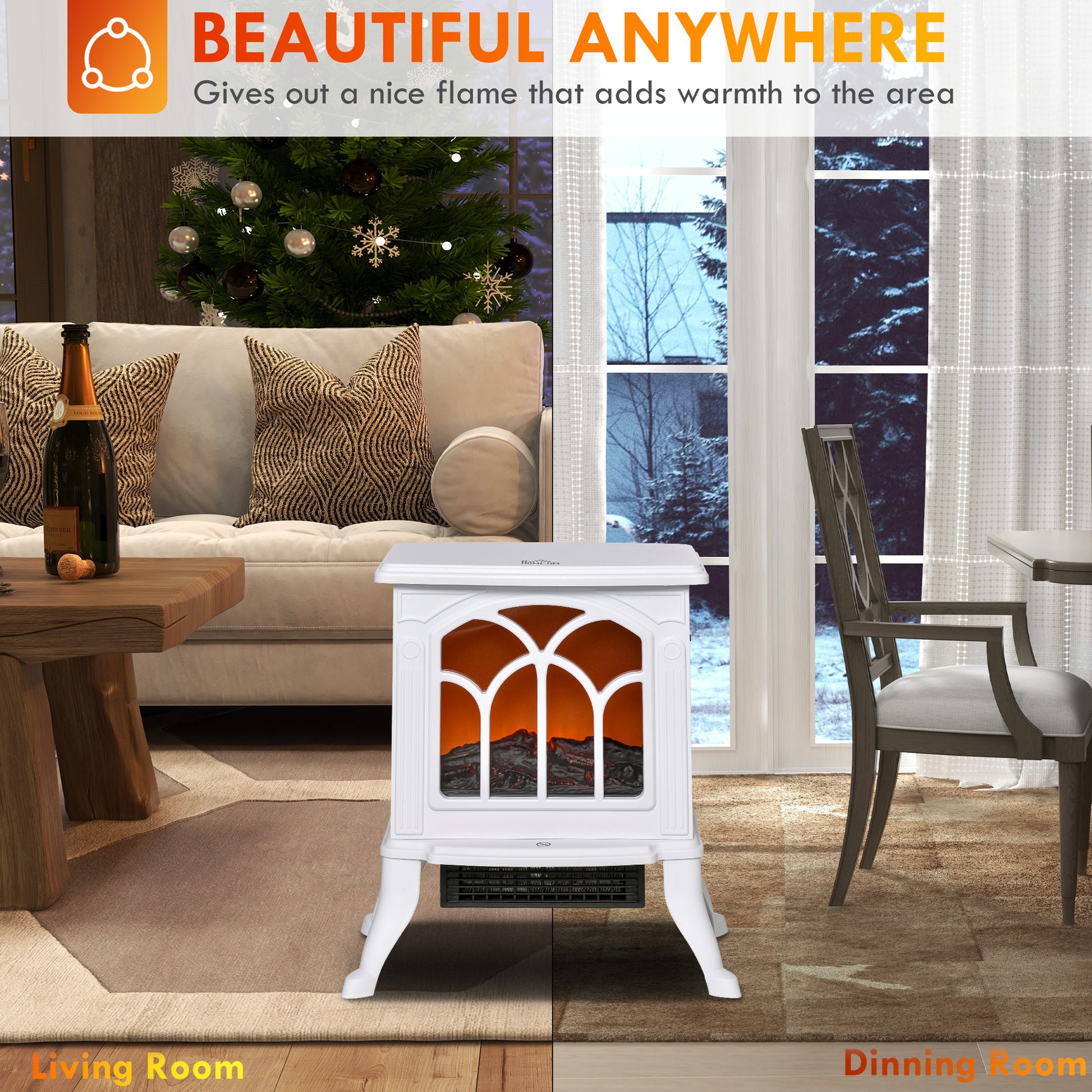 Homcom 17" Freestanding Electric Fireplace Stove, Fire Place Heater With Realistic Logs And Flame Effect And Overheat Protection, 750W 1500W, White White Plastic