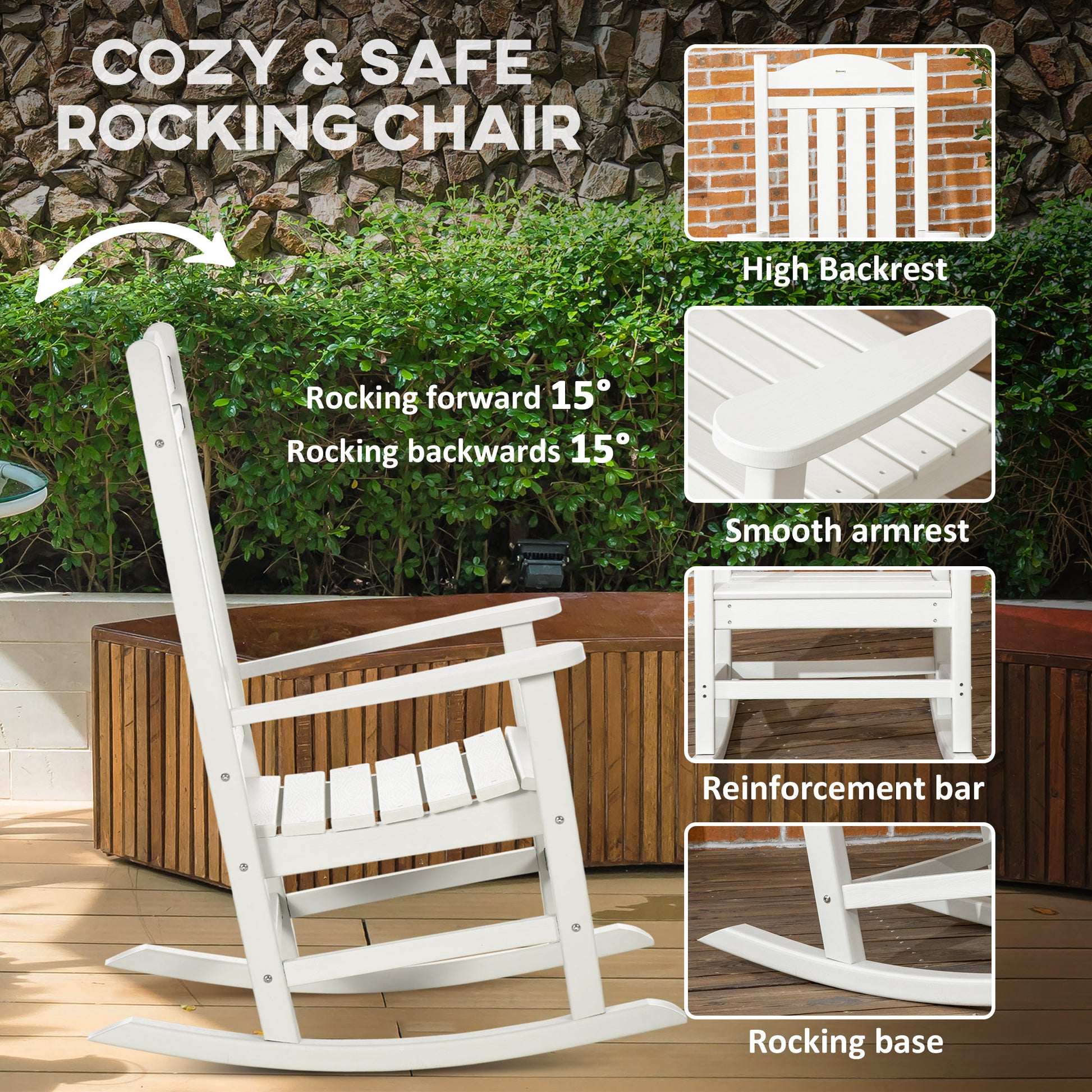 Outsunny Outdoor Rocking Chair, All Weather Resistant Hdpe Rocking Patio Chairs With Rustic High Back, Armrests, Oversized Seat And Slatted Backrest, 350Lbs Weight Capacity, White White Plastic